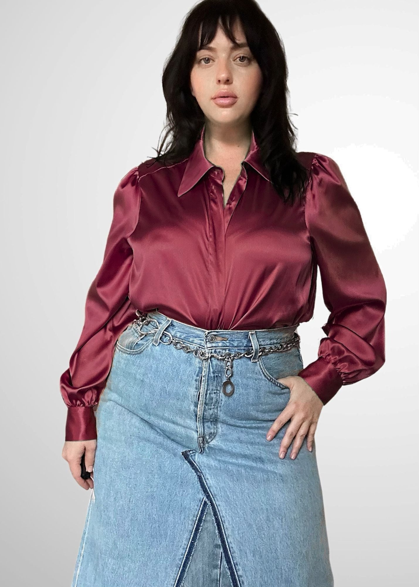 model wearing burgundy sigourney blouse