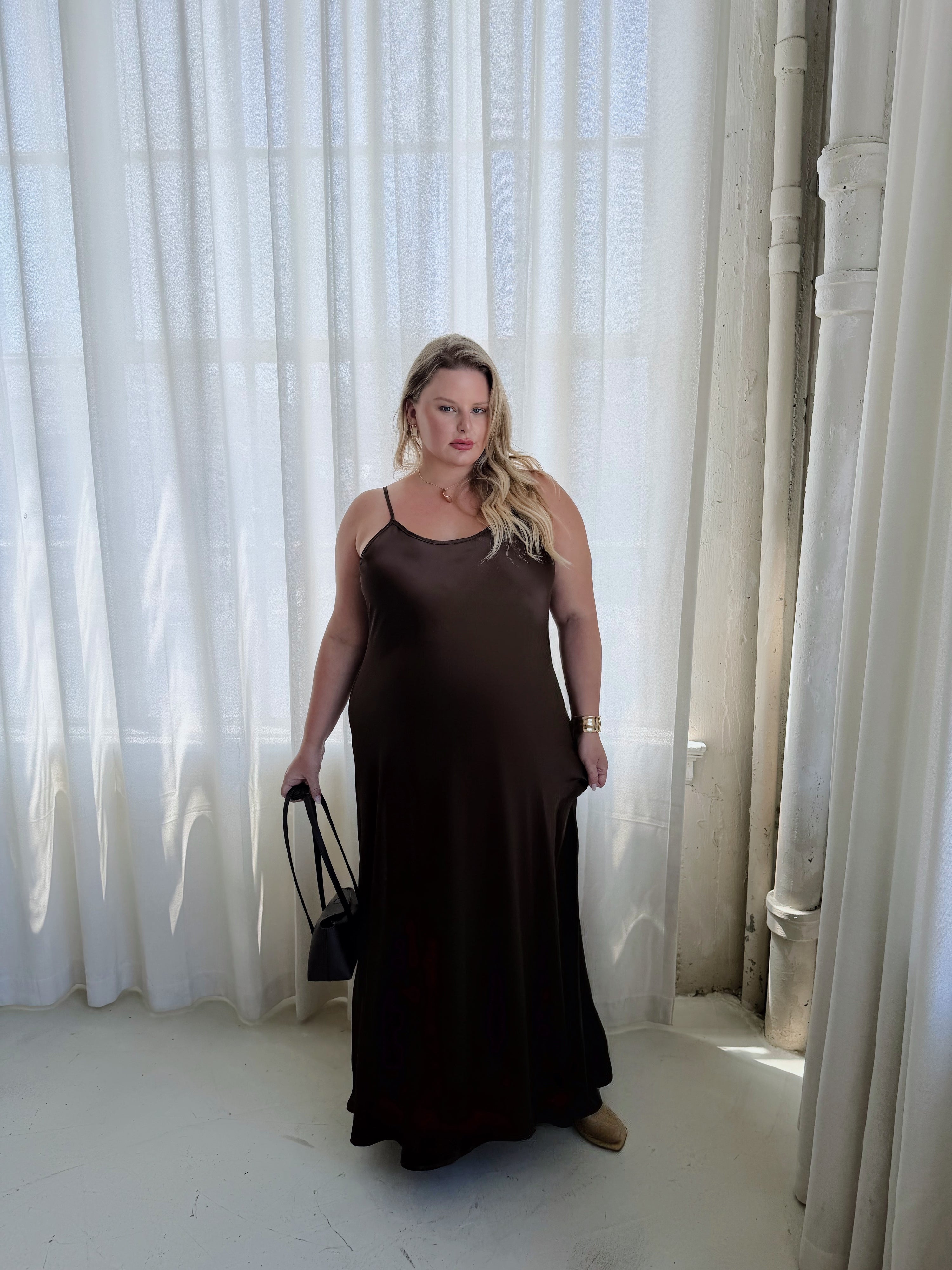 Leah Easy Satin Maxi Slip Dress - Chocolate — on model, back