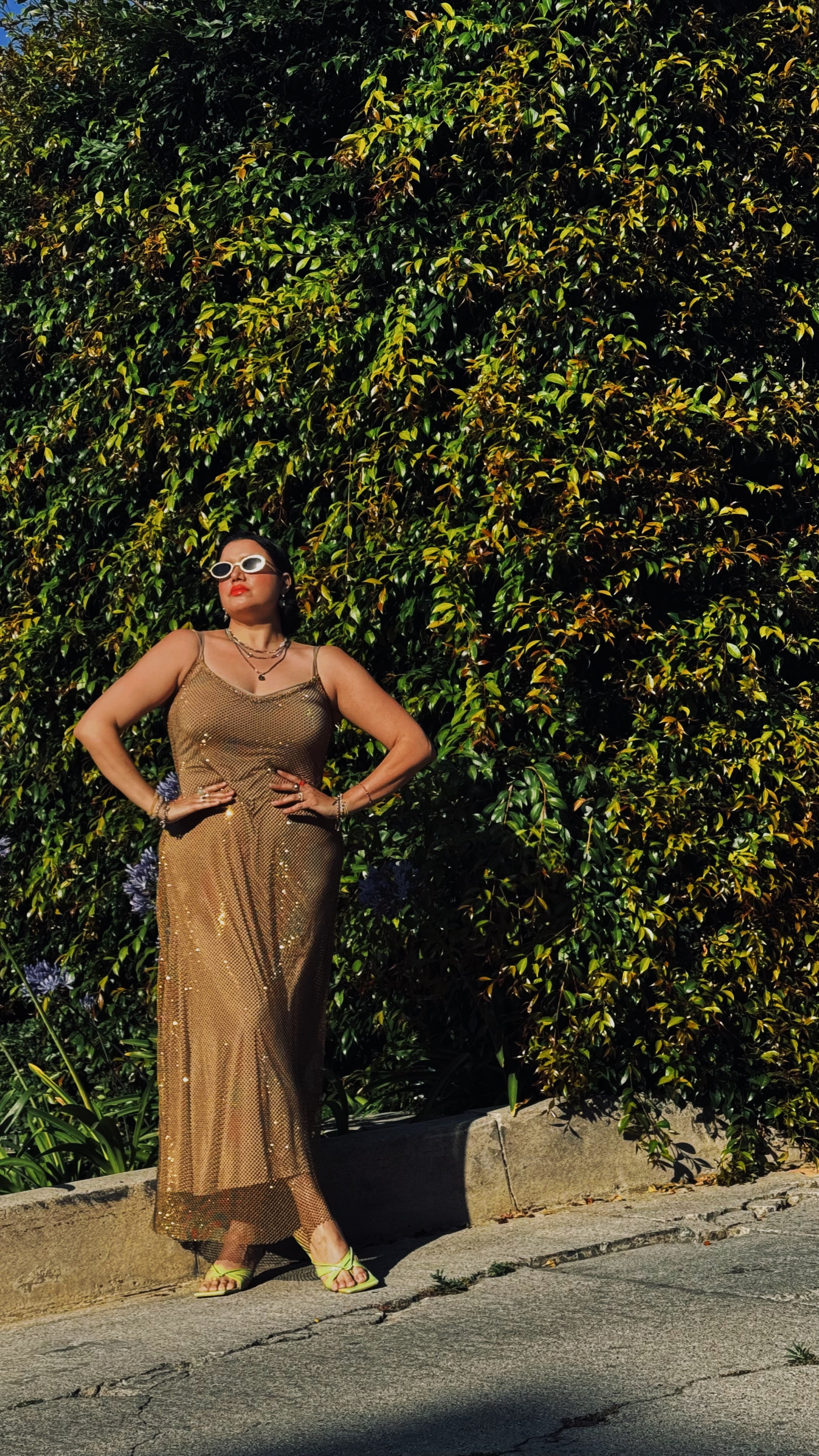 The Crystal Stone Mesh Dress- Gold