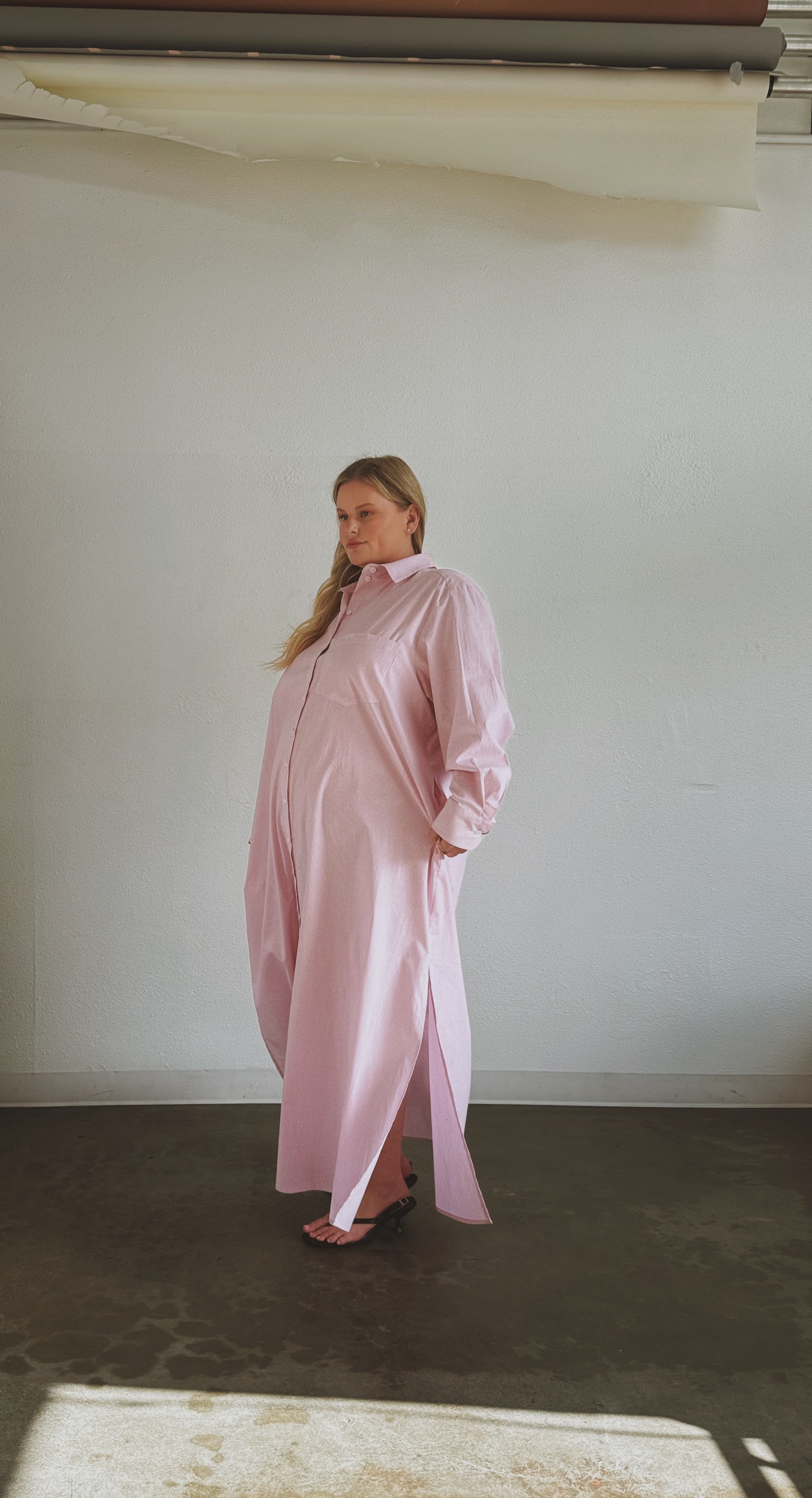 Ultra Maxi Shirt Dress- Pink Stripe Cotton