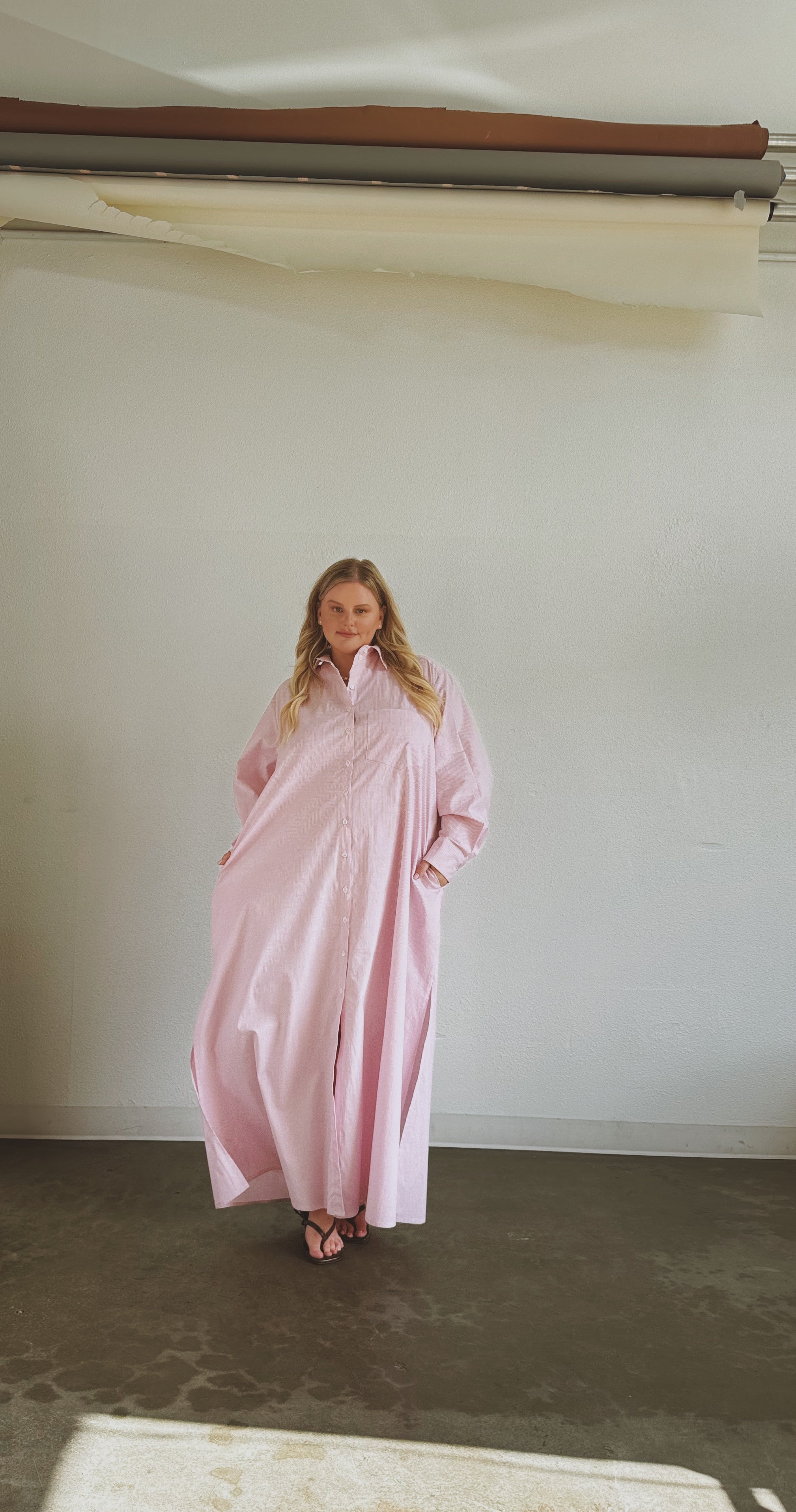 Ultra Maxi Shirt Dress- Pink Stripe Cotton