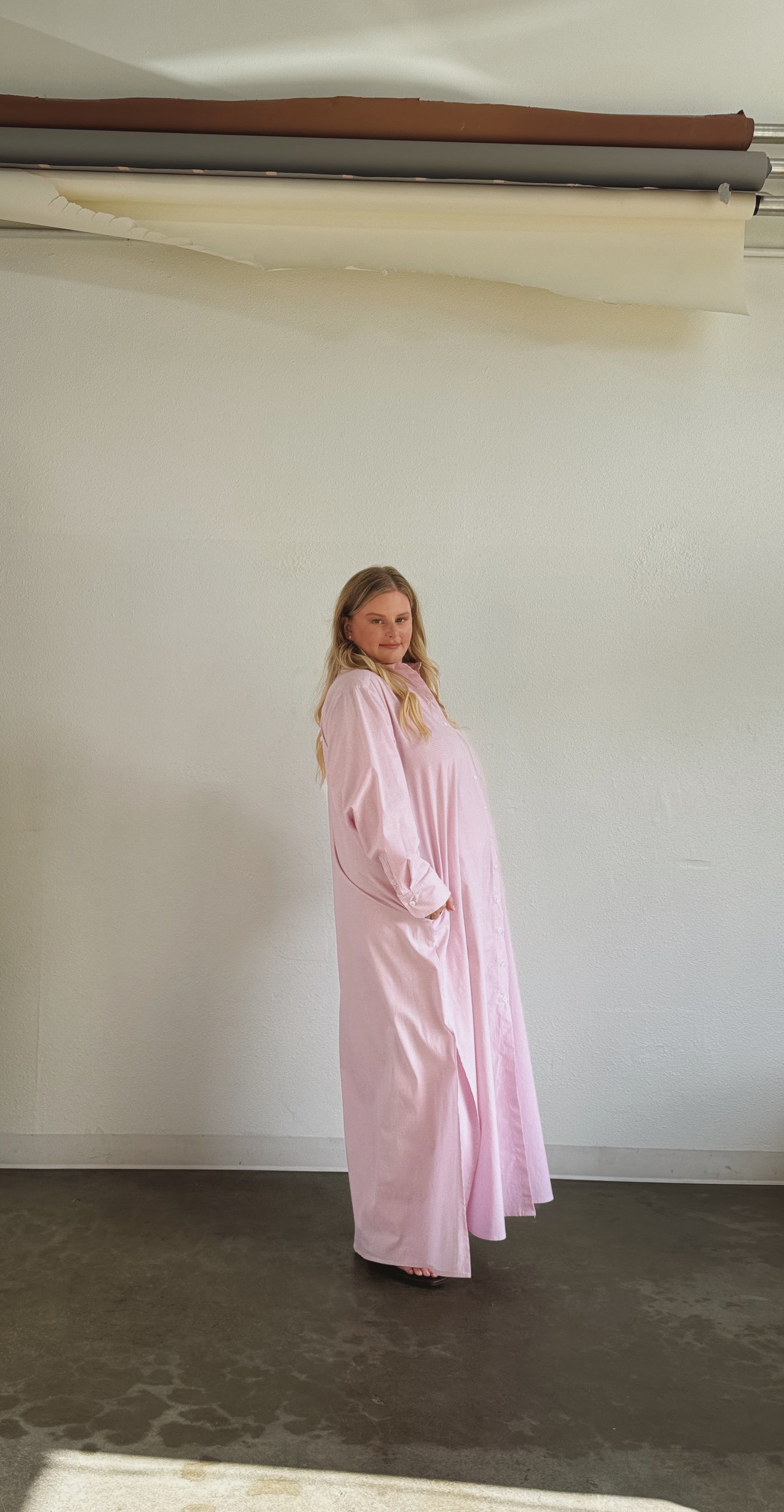 Ultra Maxi Shirt Dress- Pink Stripe Cotton