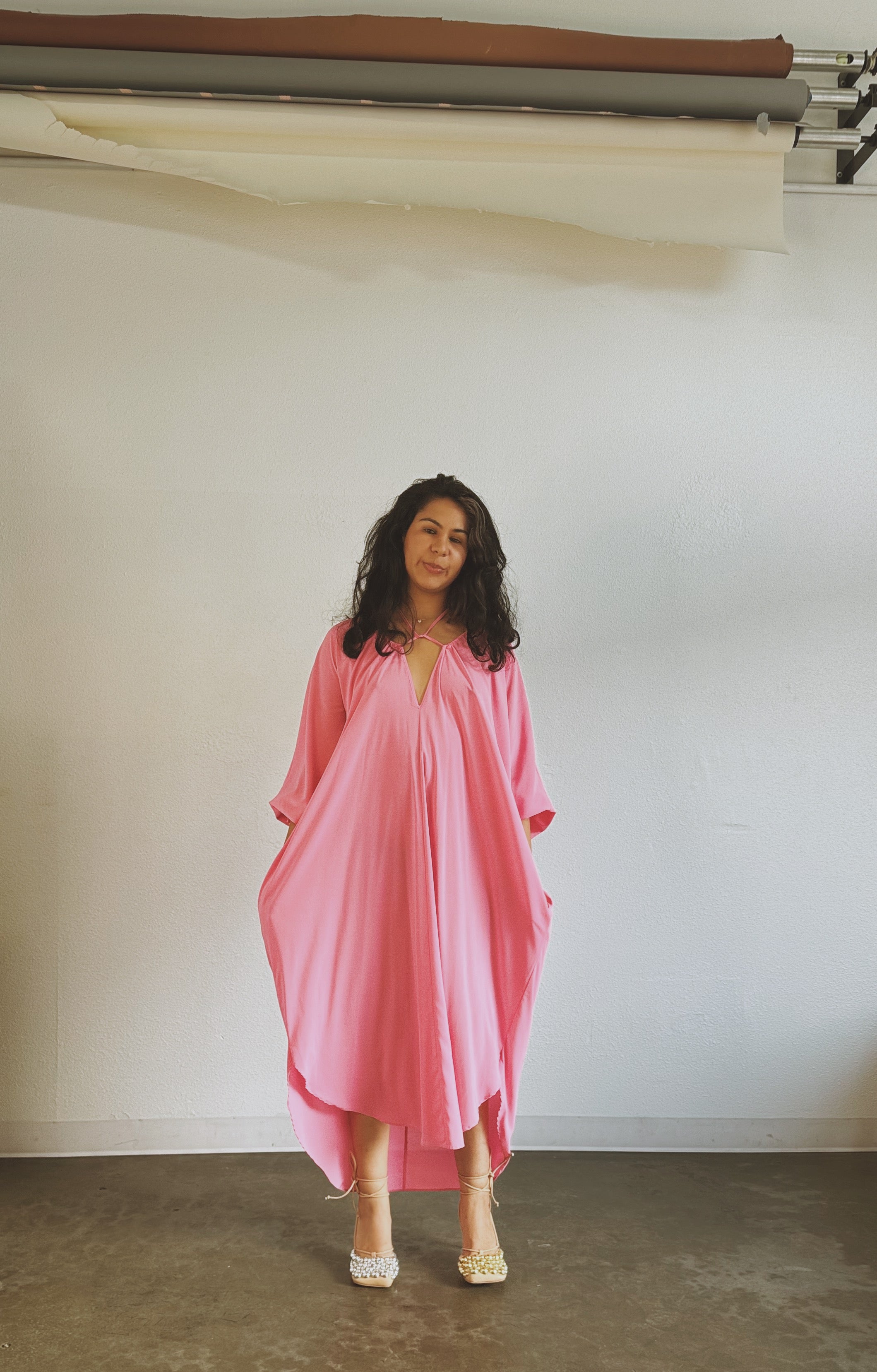 Maxine Kaftan- Blossom Pink — on model, side