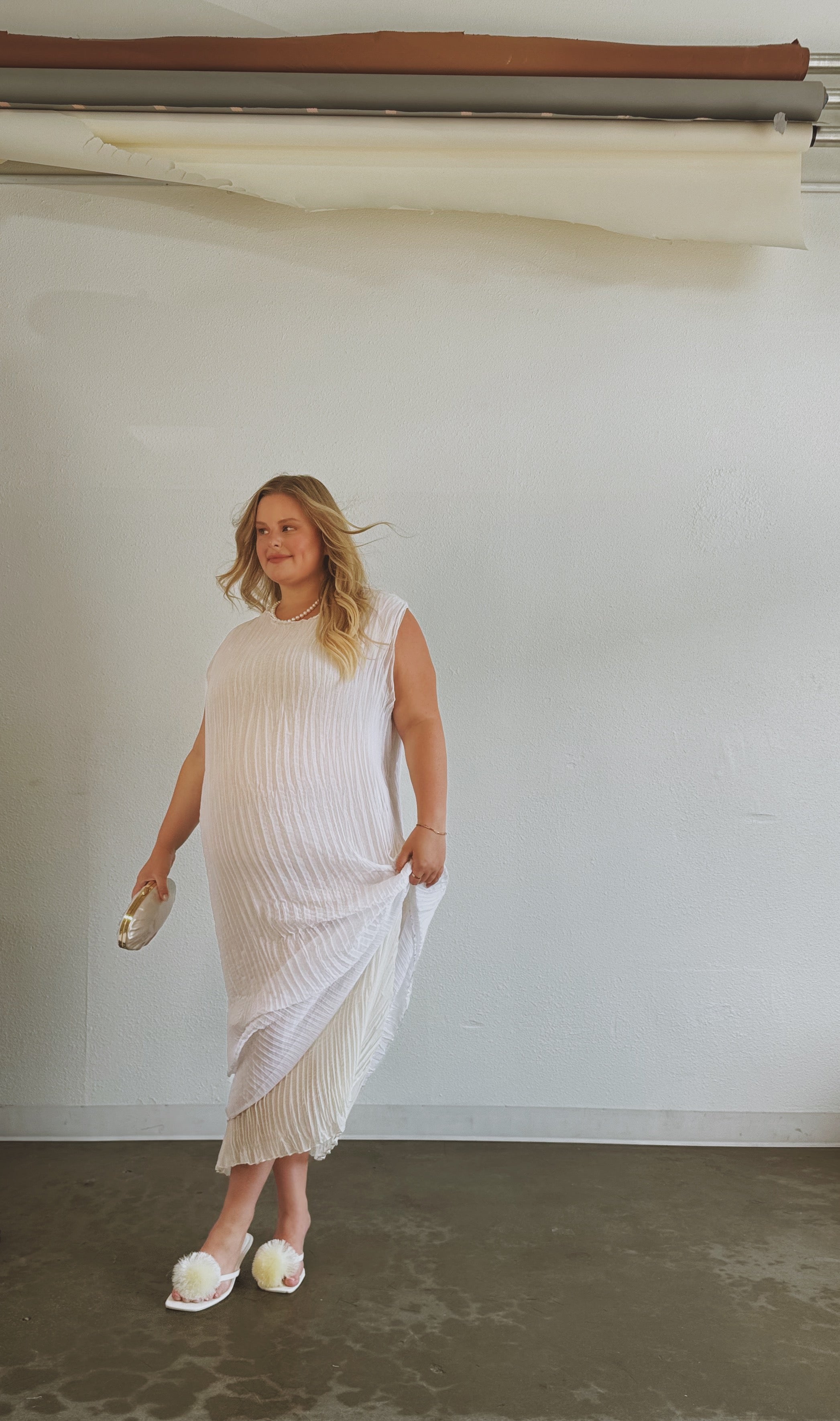 Jaya Pleated Dress- Reversible Cream/White – Baacal