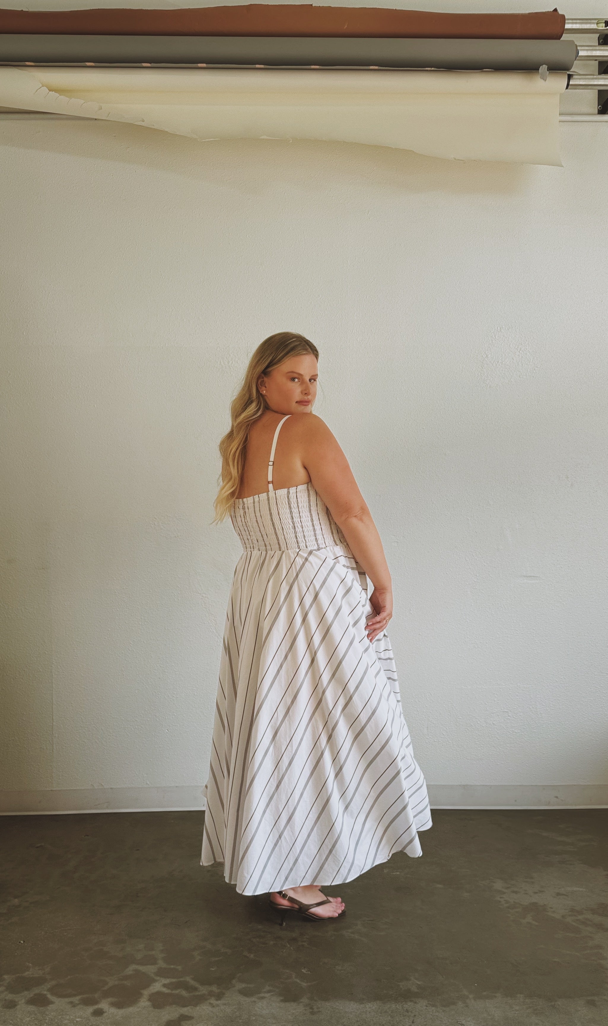 The Joni Sundress- Stripe — on model, side
