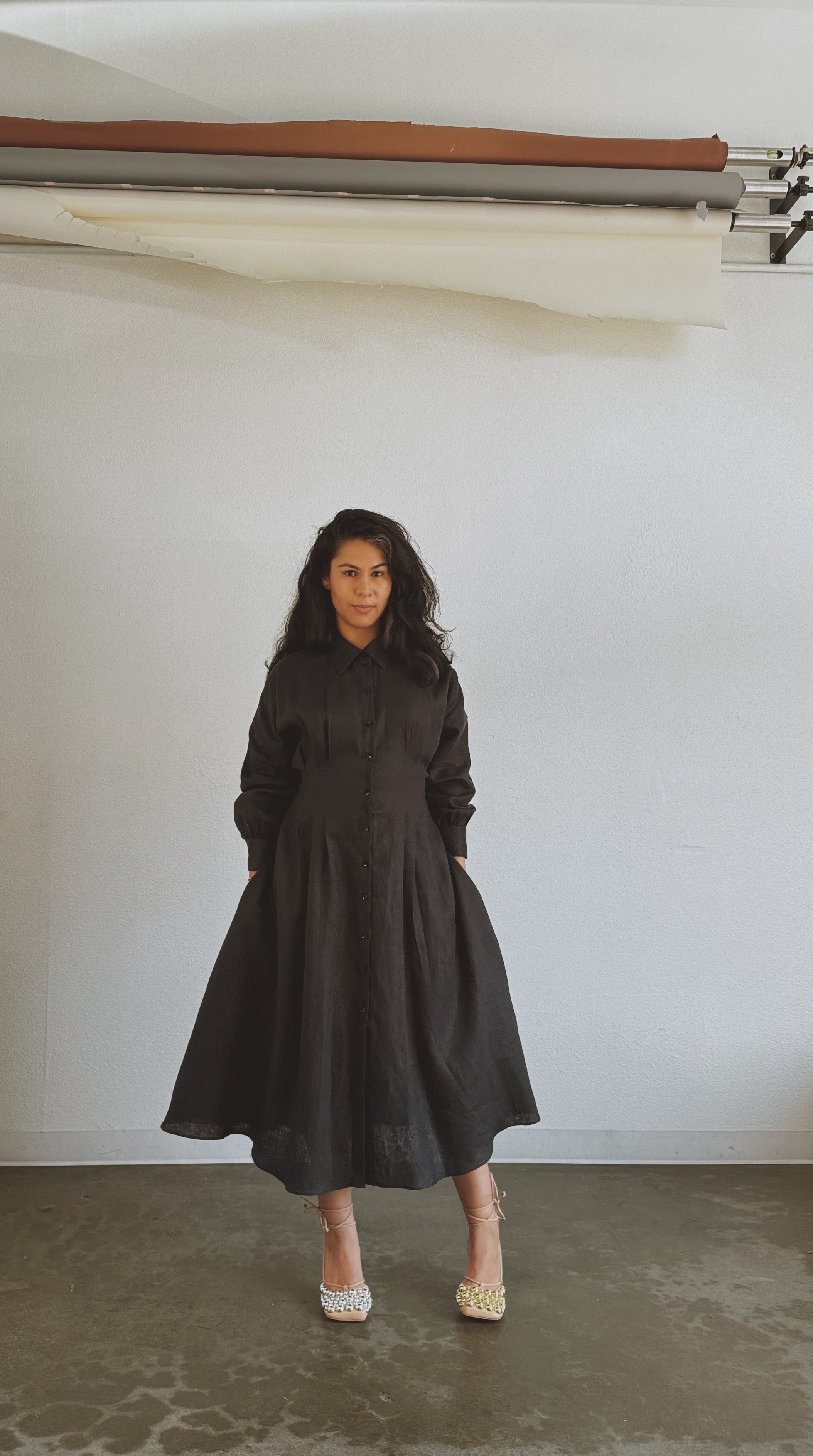Cinched Waist Shirtdress- Black Linen — on model, back