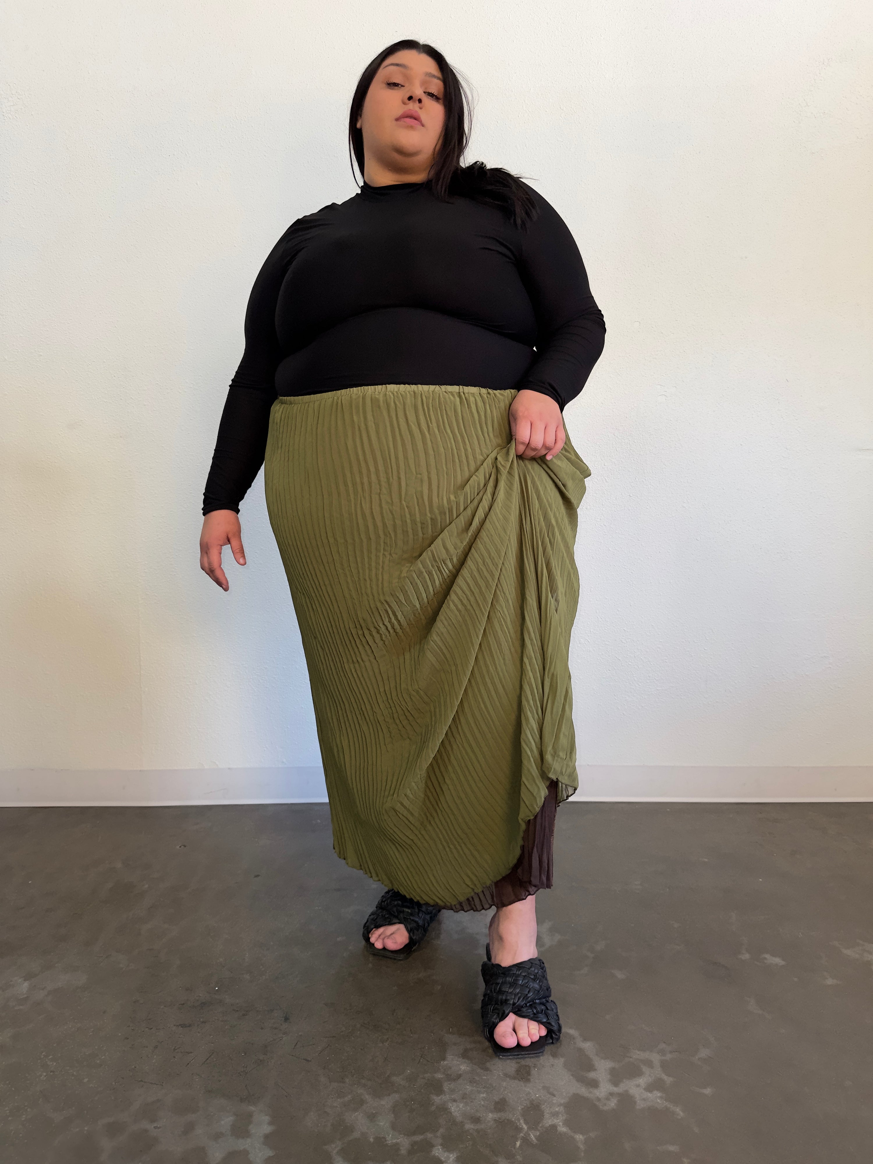 Rue Pleated Skirt- Reversible Olive Green/ Brown