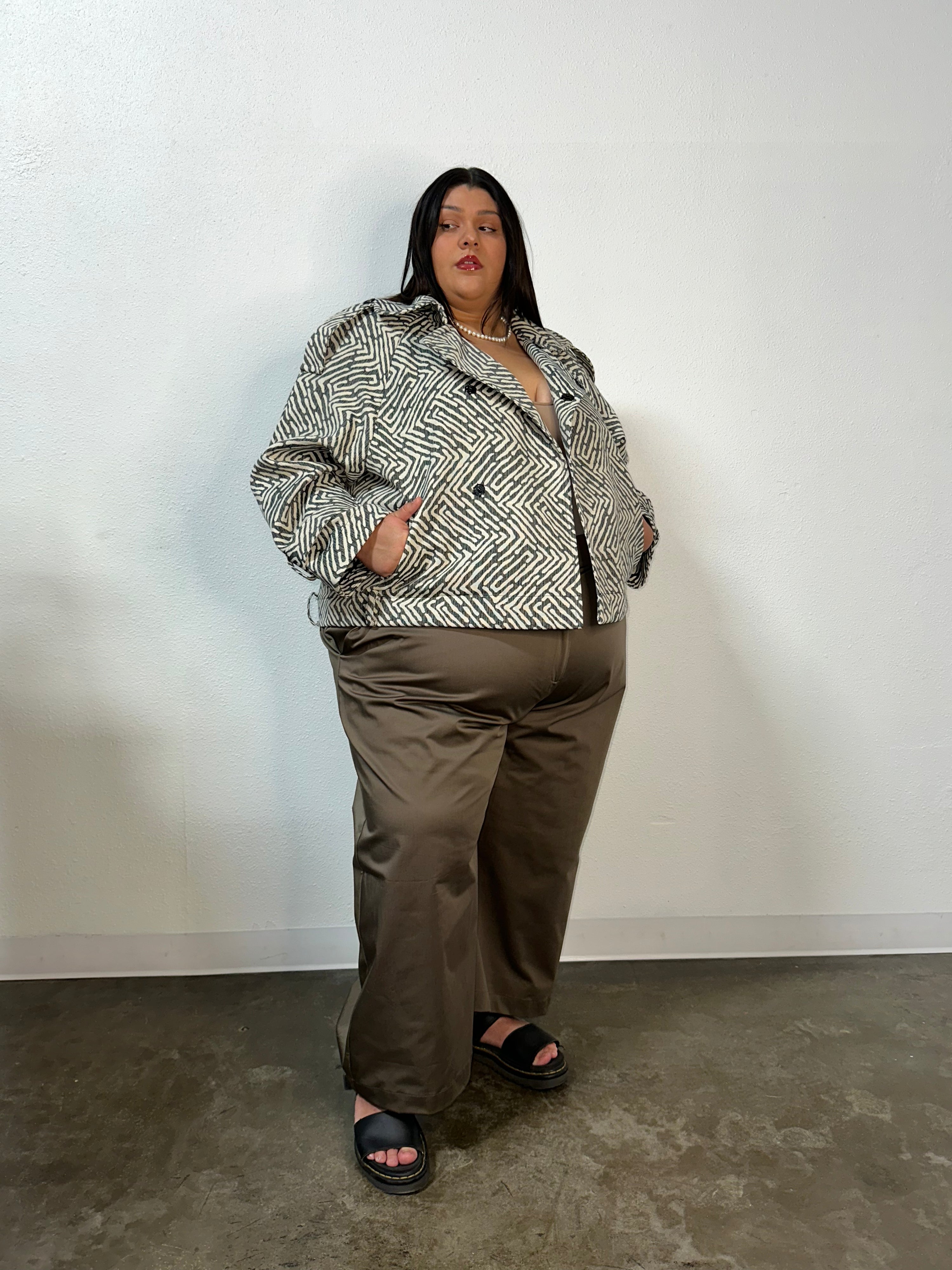 Marlo Short Moto Trench Coat- Geo Brocade