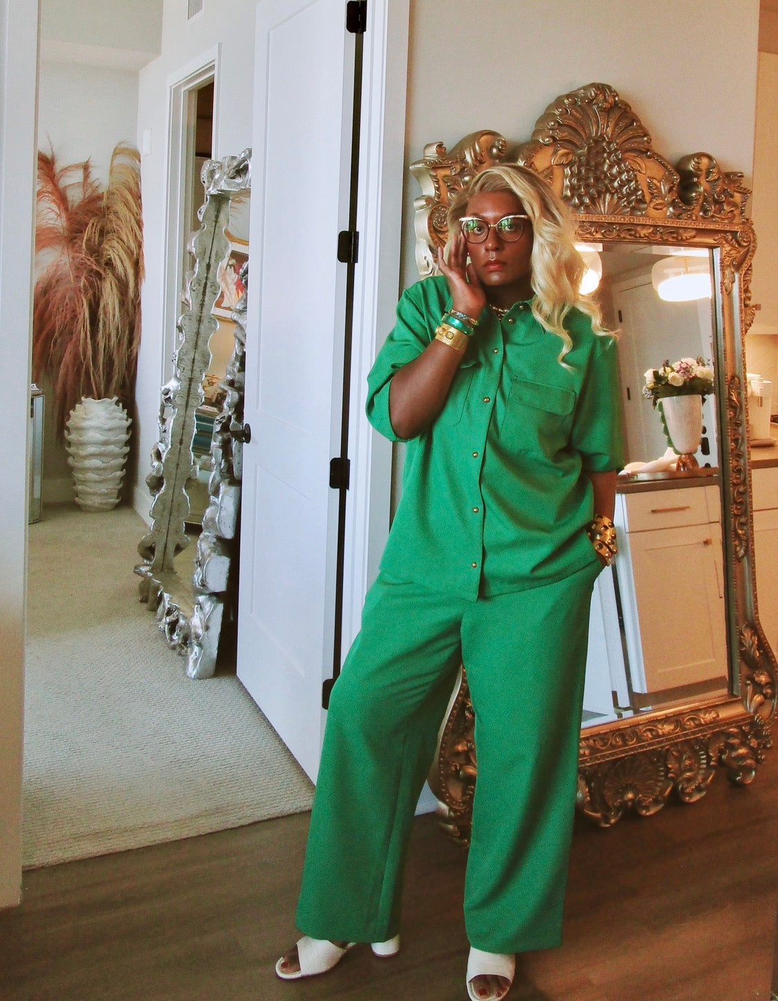Riley Wide Pajama Style Pant- Green