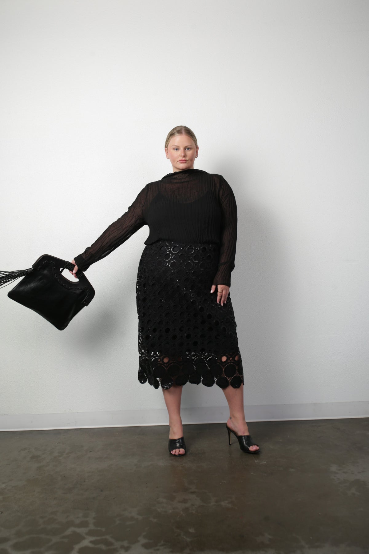 Cassandra Midi Pencil Skirt - Sequin Eyelet Classic Black
