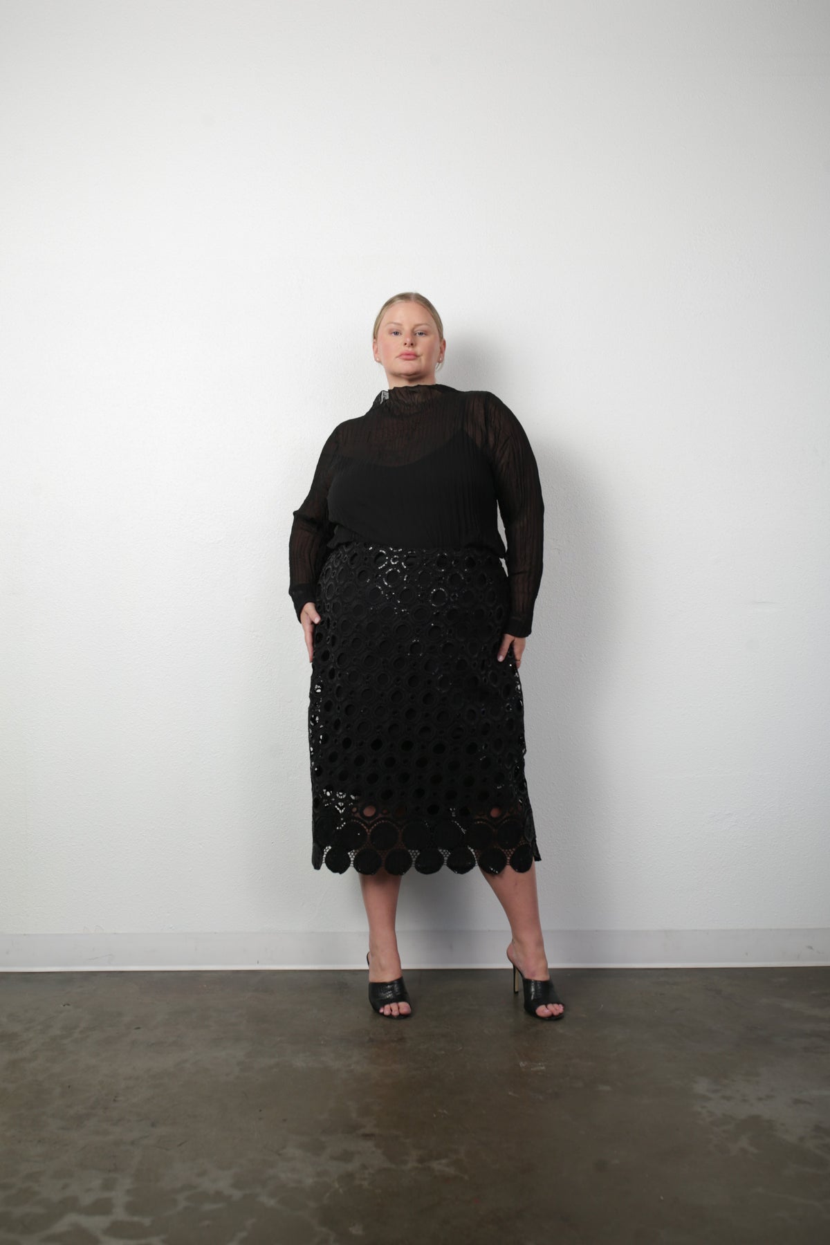 Cassandra Midi Pencil Skirt - Sequin Eyelet Classic Black
