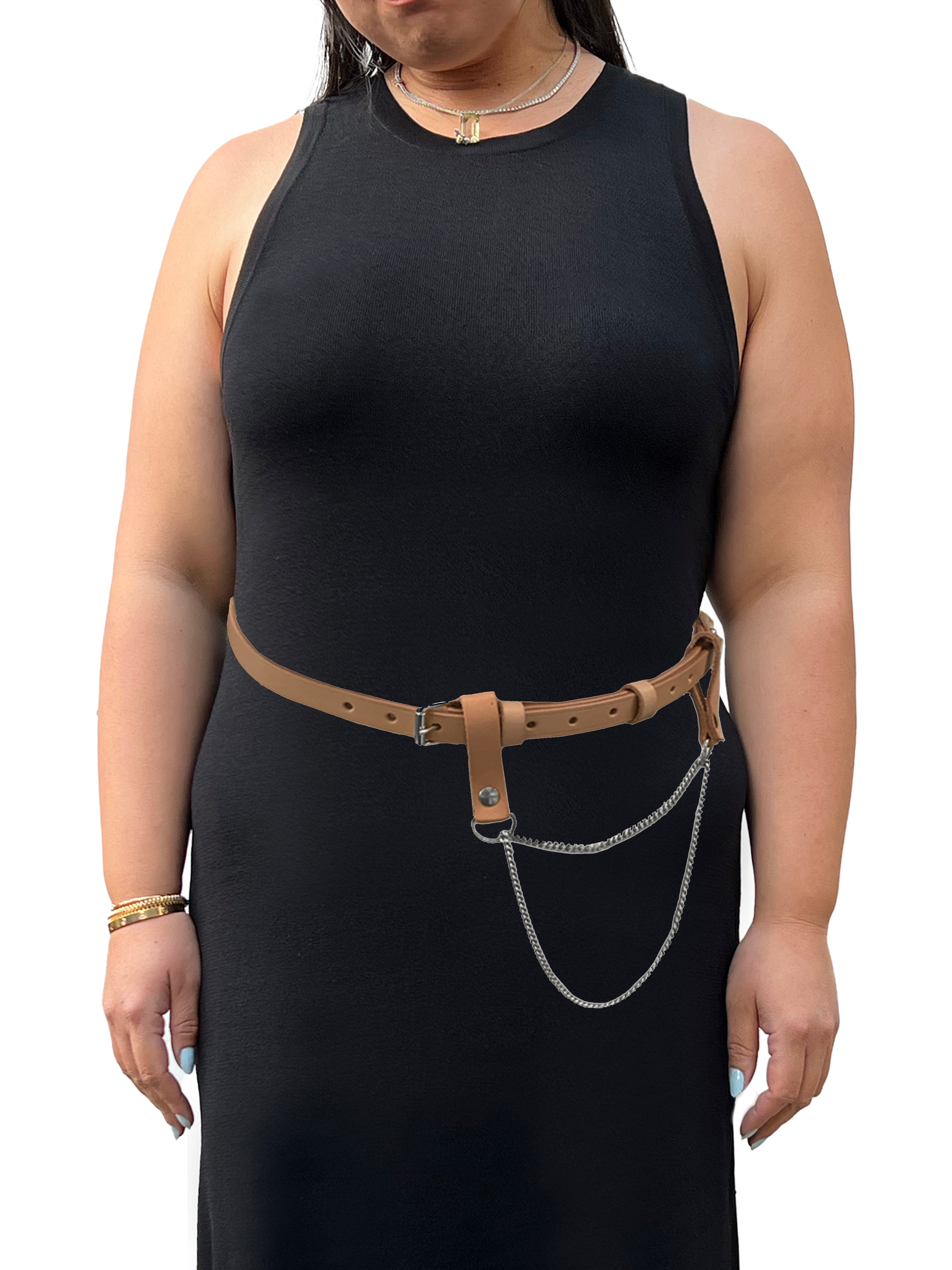 model wearing dress with Convertible Draped Chain & Leather Belt- Tan Vachetta