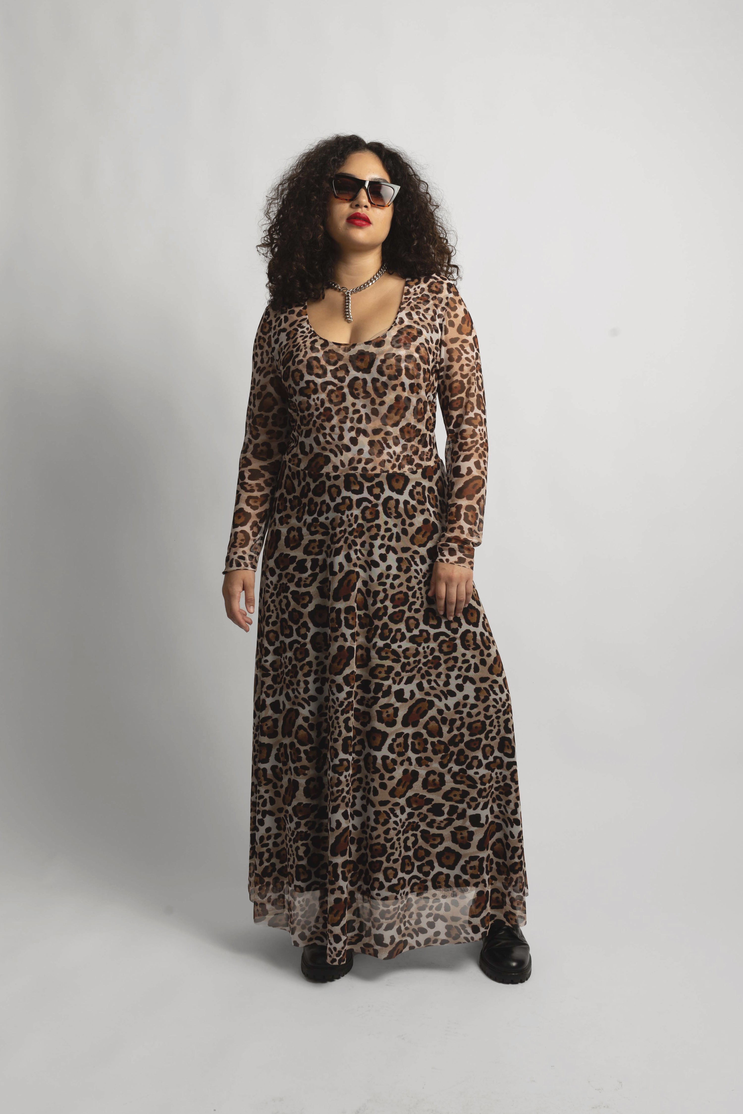 model wearing the new leopard mesh dress