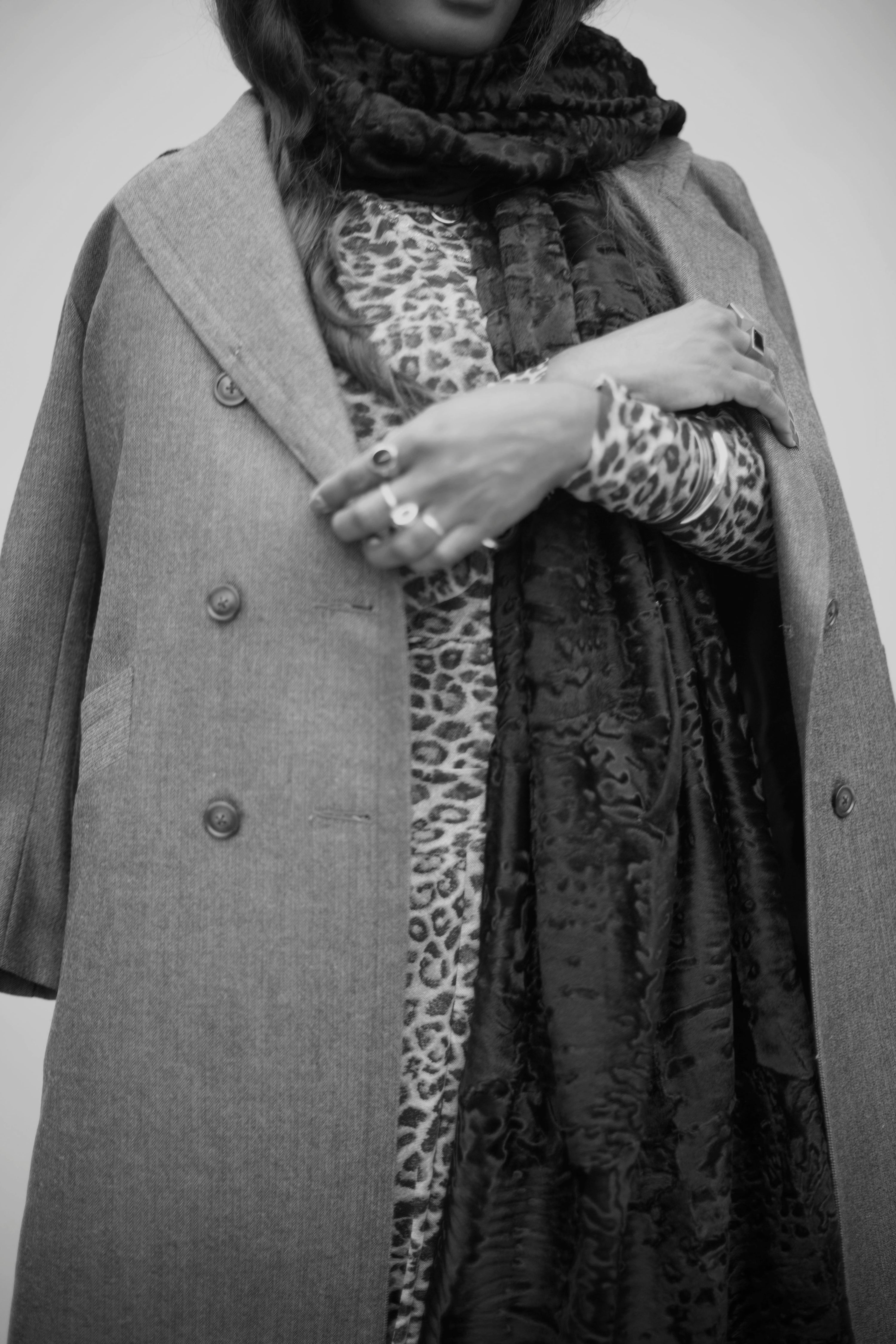Herringbone carcoat on model with scarf