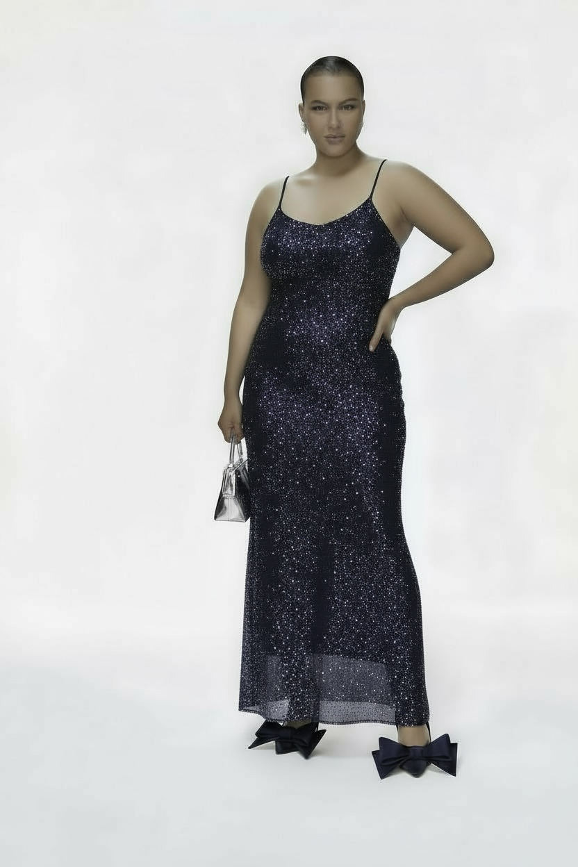 The Crystal Stone Mesh Dress- Midnight Blue