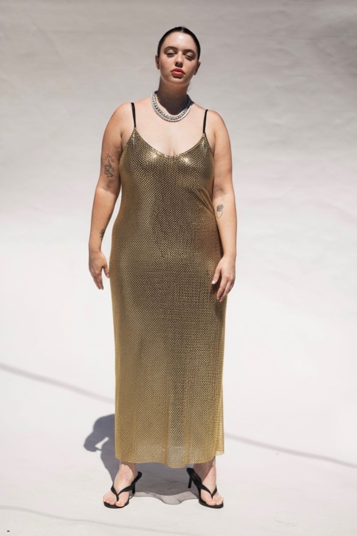 The Crystal Stone Mesh Dress- Gold