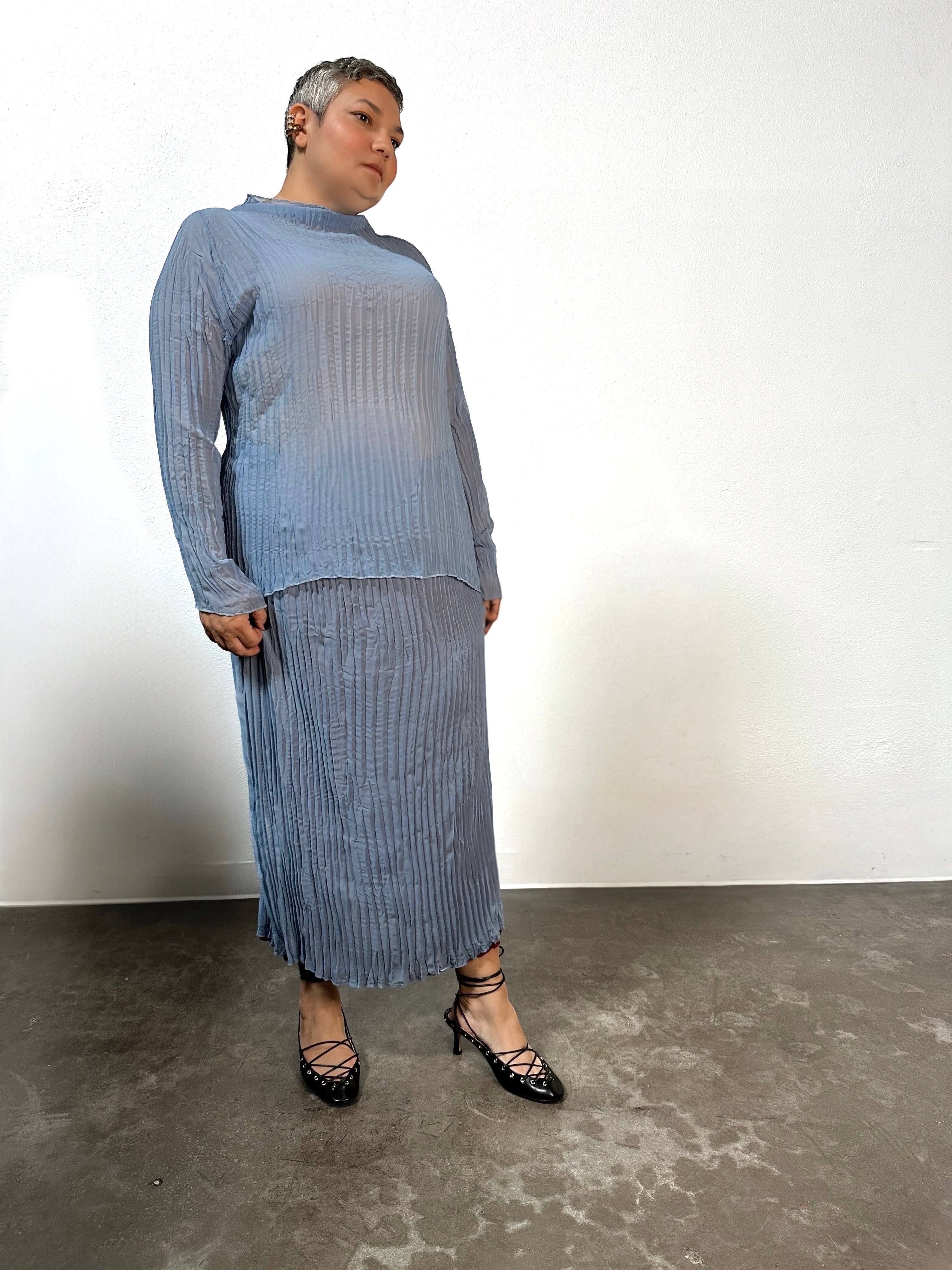 Esme Pleated Funnel Neck Top- Coppen Blue