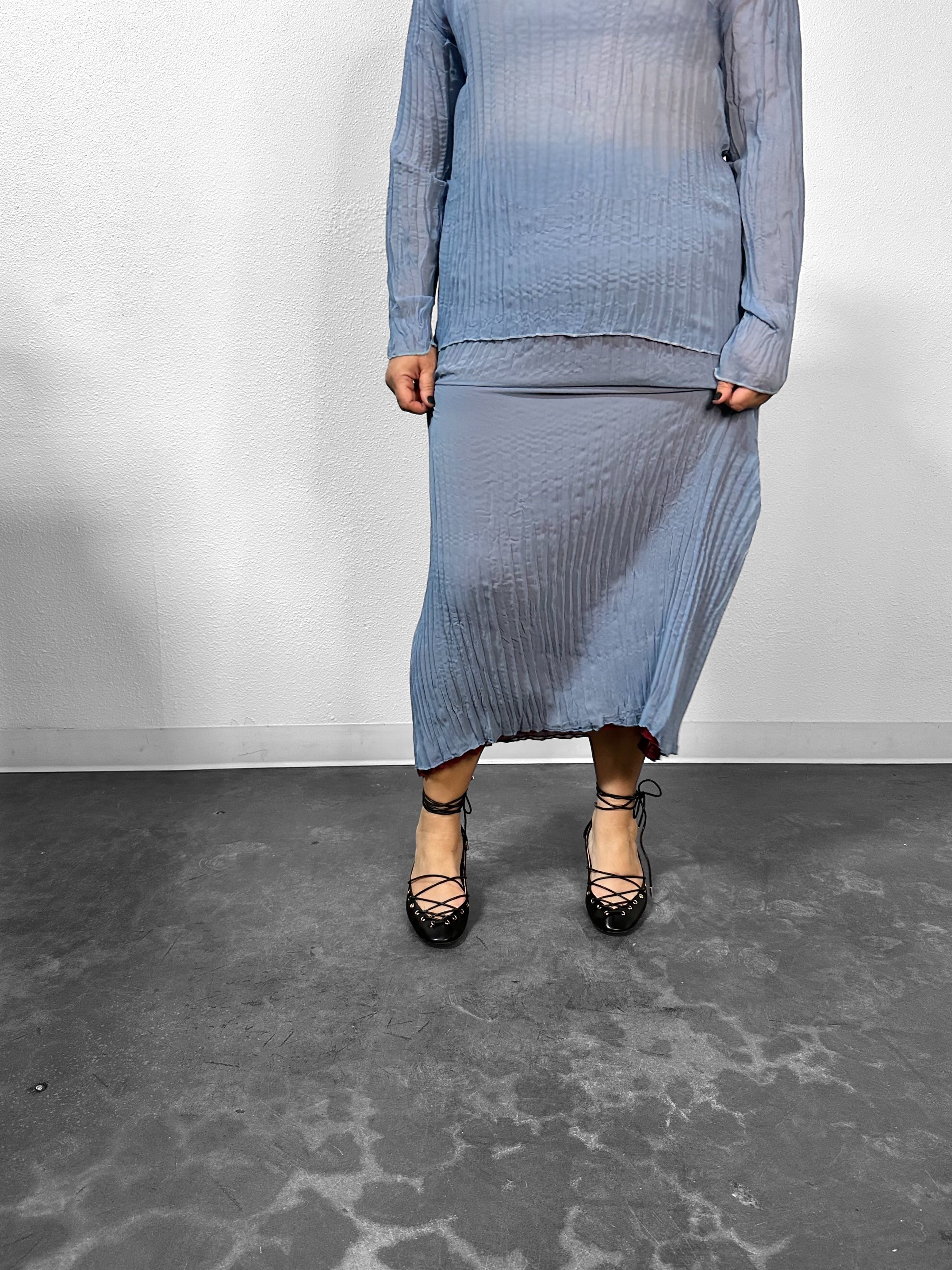 Esme Pleated Funnel Neck Top- Coppen Blue