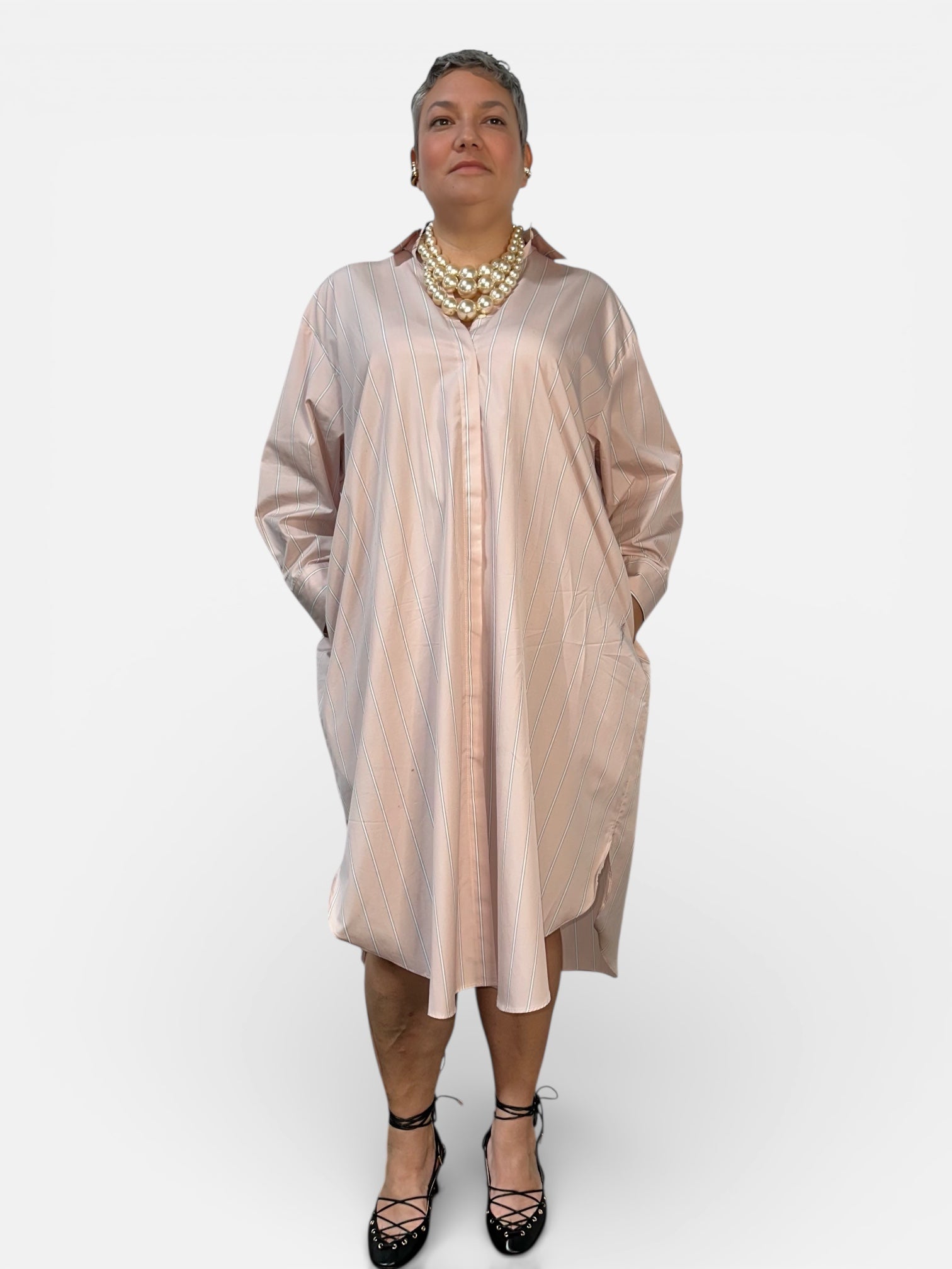 Mia Oversized Shirt Dress- Blush Stripe