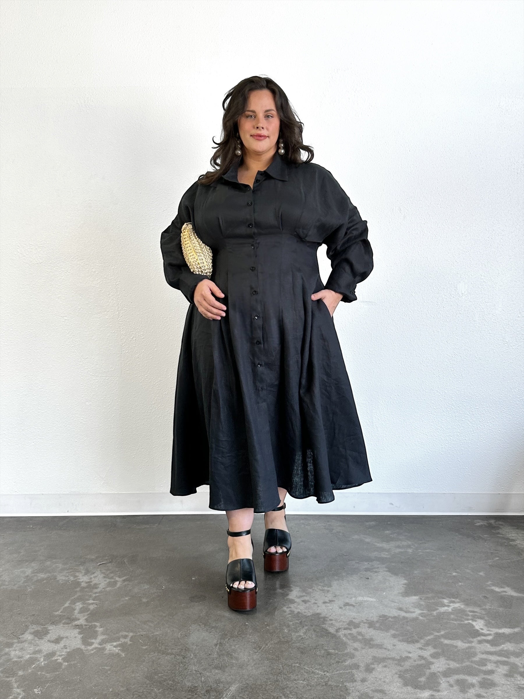 Cinched Waist Shirtdress- Black Linen