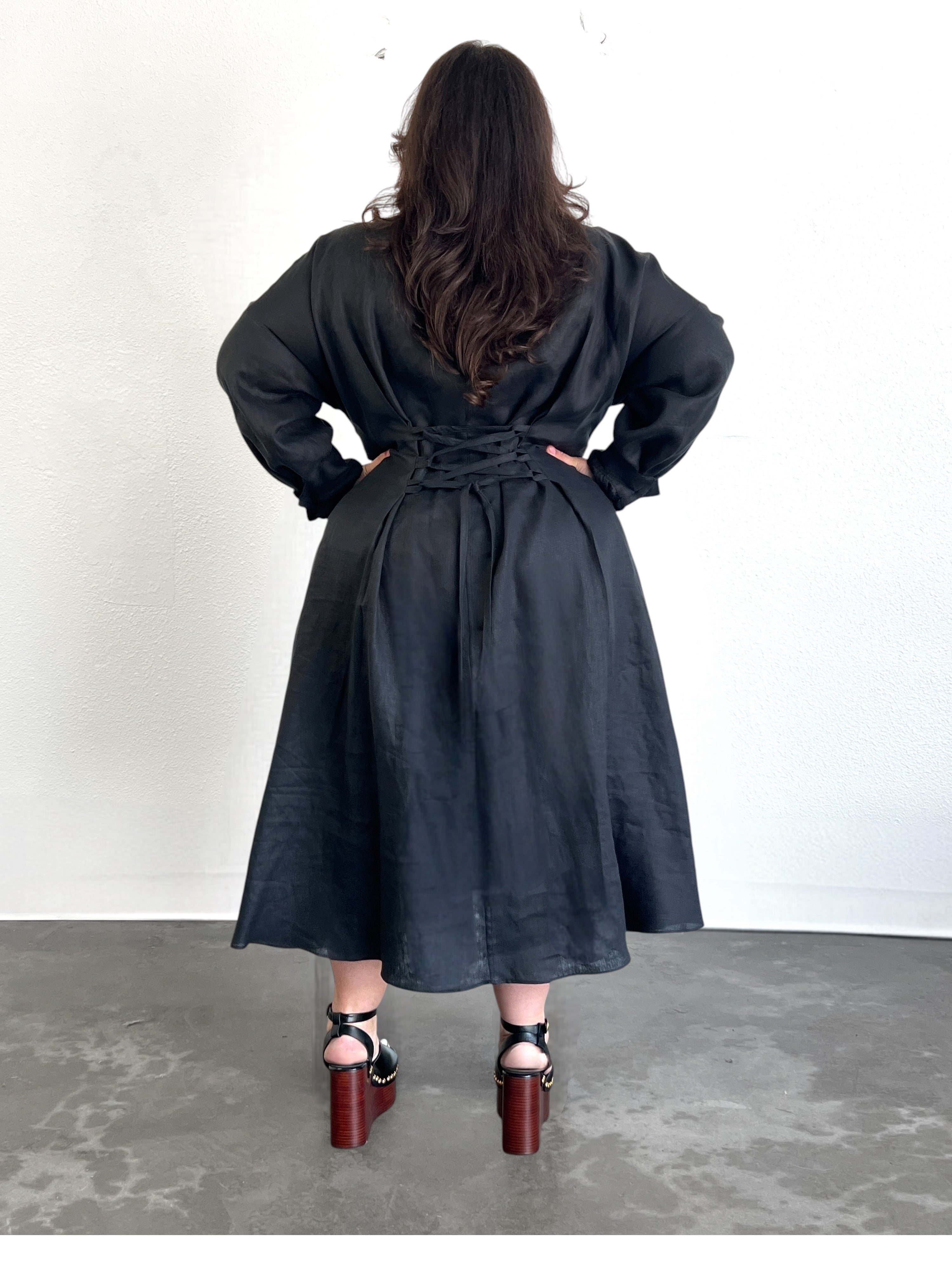 Cinched Waist Shirtdress- Black Linen