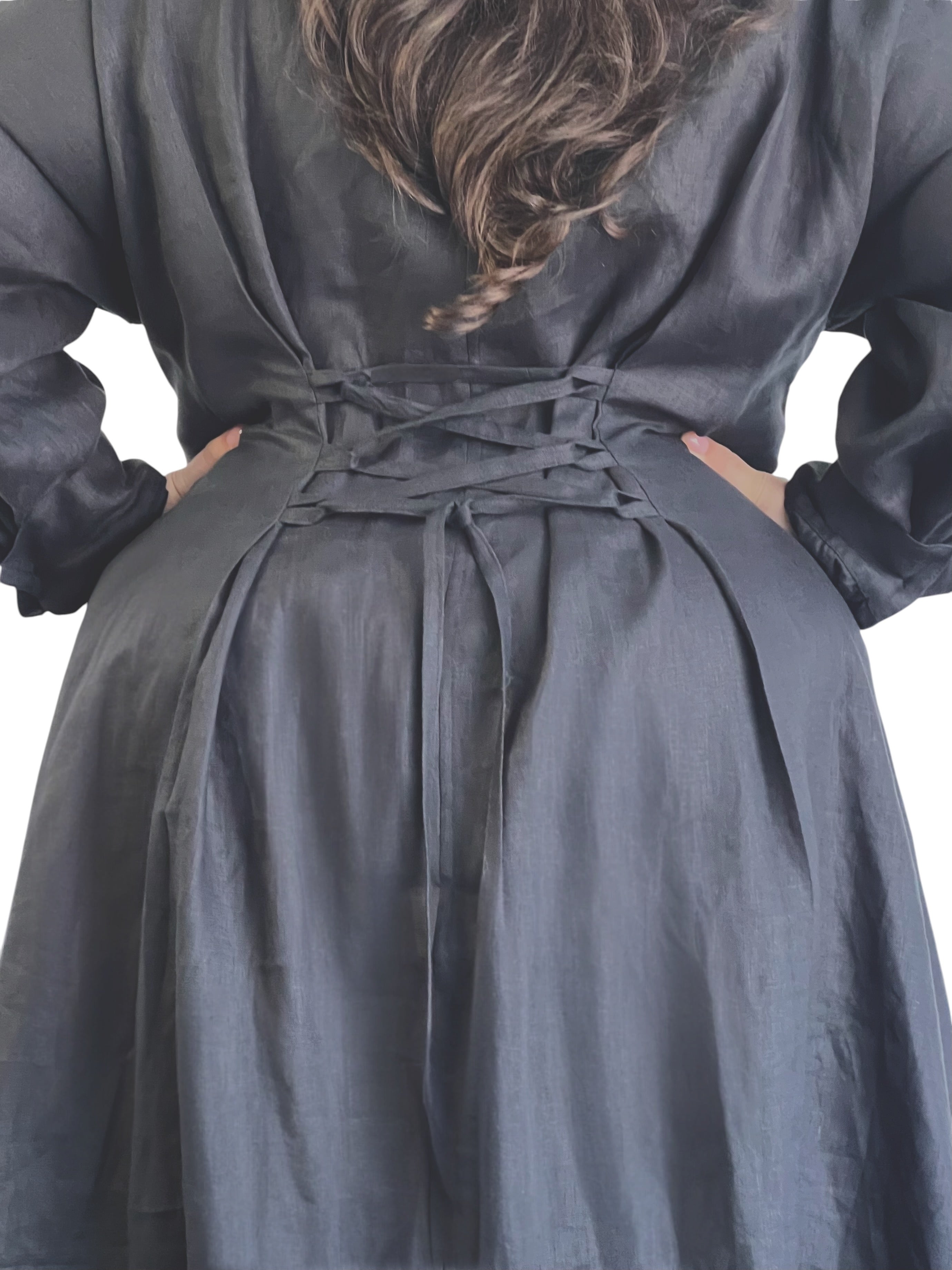 Cinched Waist Shirtdress- Black Linen
