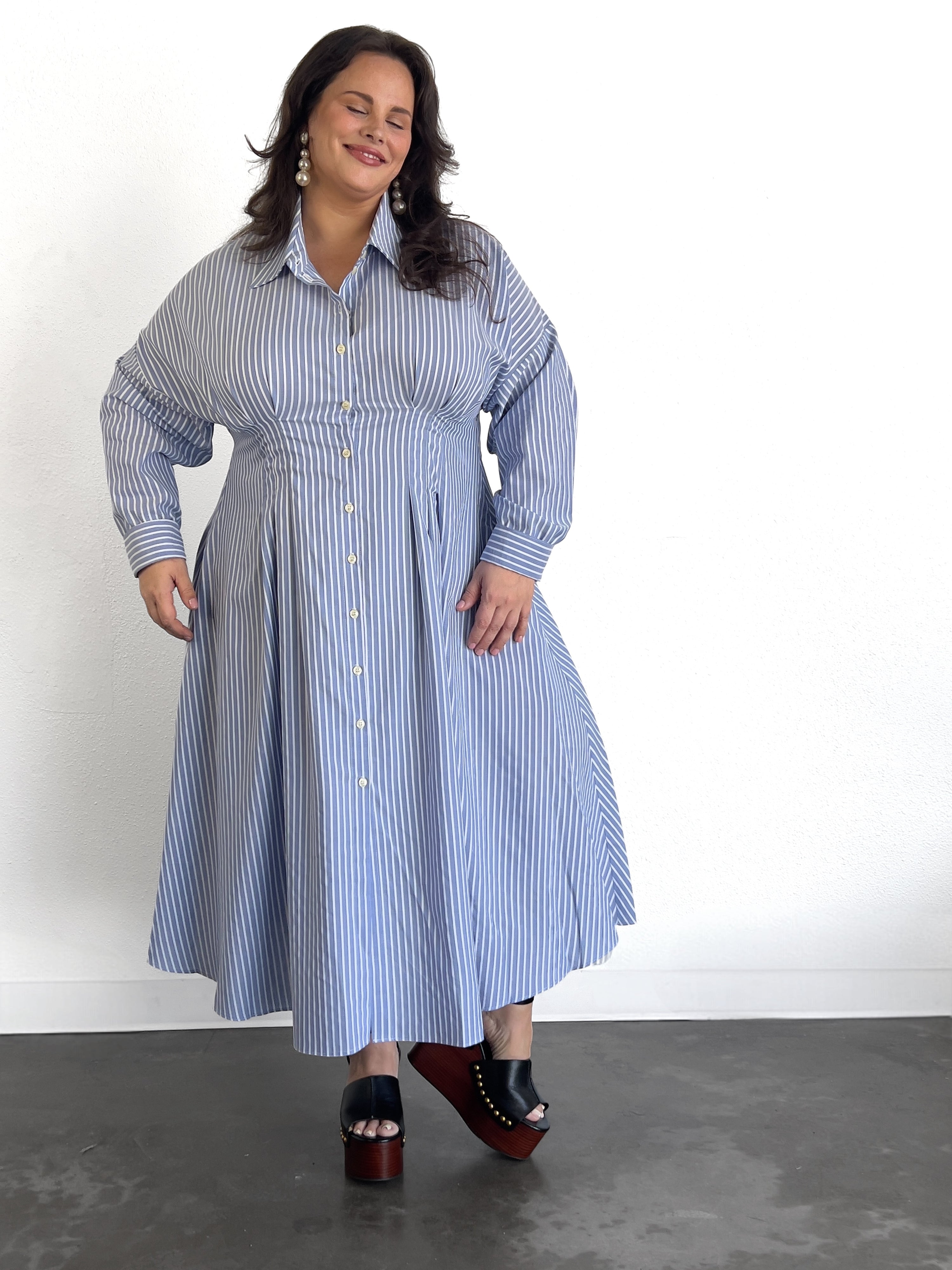 Cinched Waist Shirtdress- Blue/ White Stripe