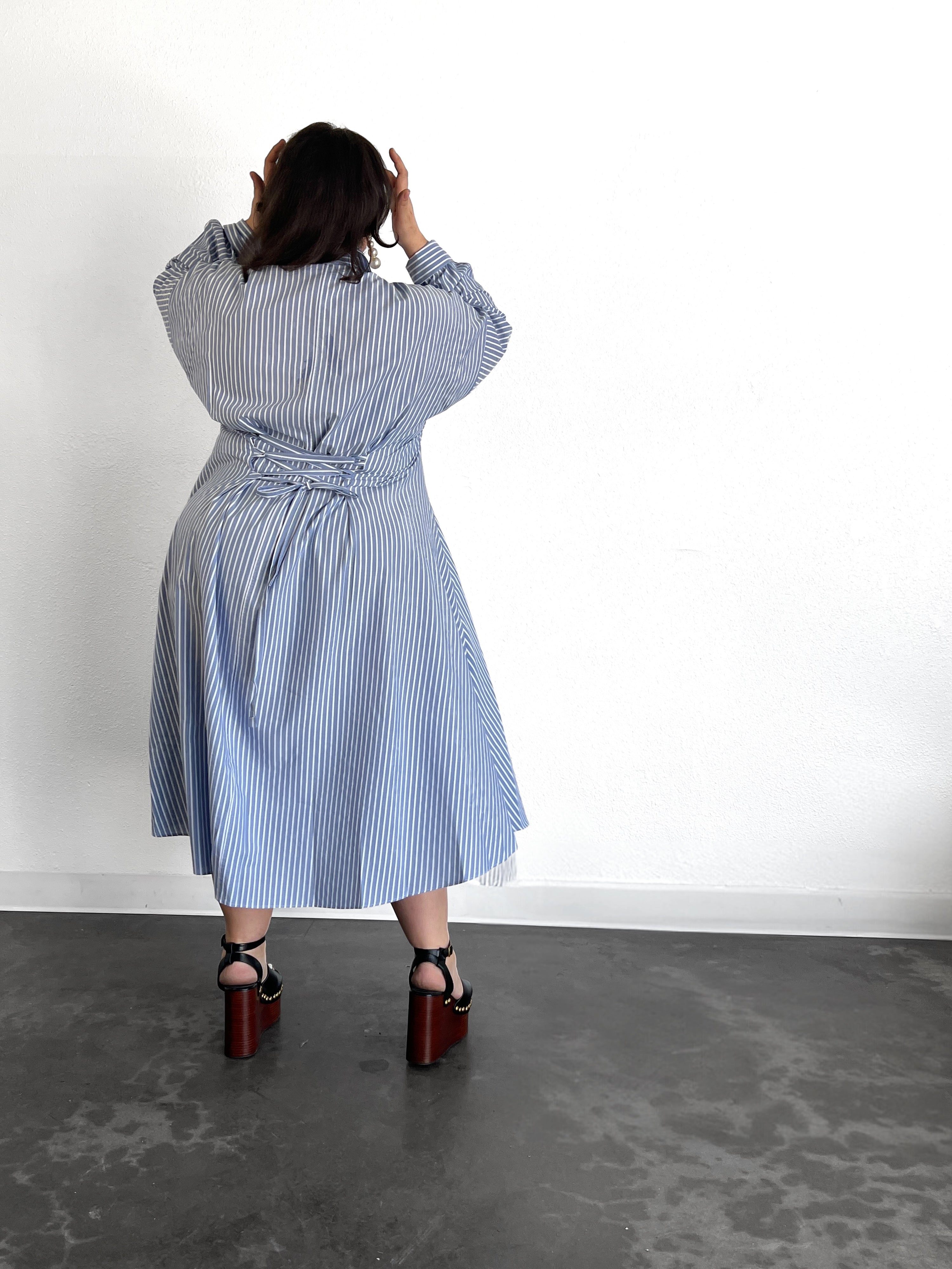 Cinched Waist Shirtdress- Blue/ White Stripe