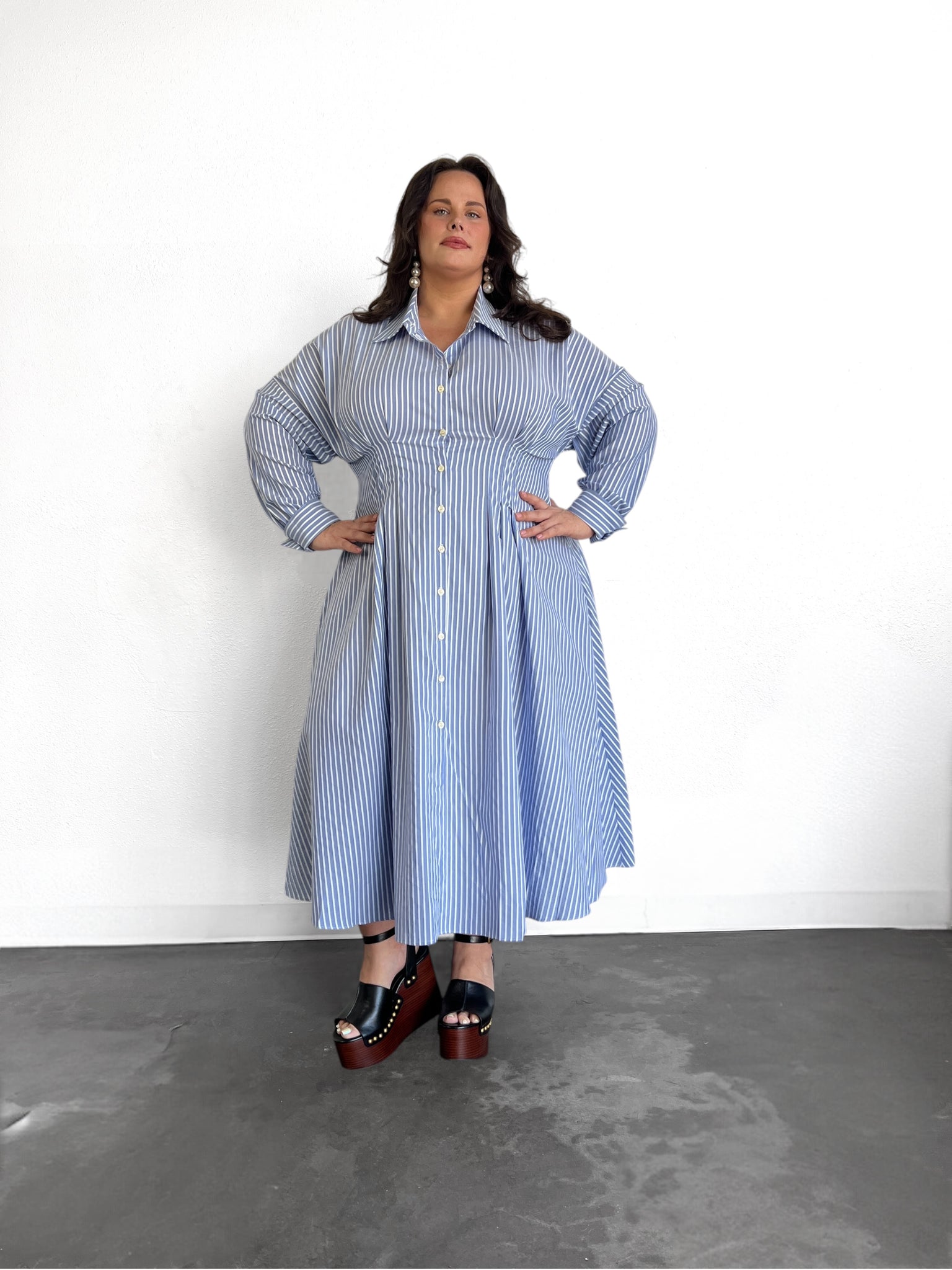 Cinched Waist Shirtdress- Blue/ White Stripe Baacal Cinched Waist Shirtdress- Blue/ White Stripe Baacal
