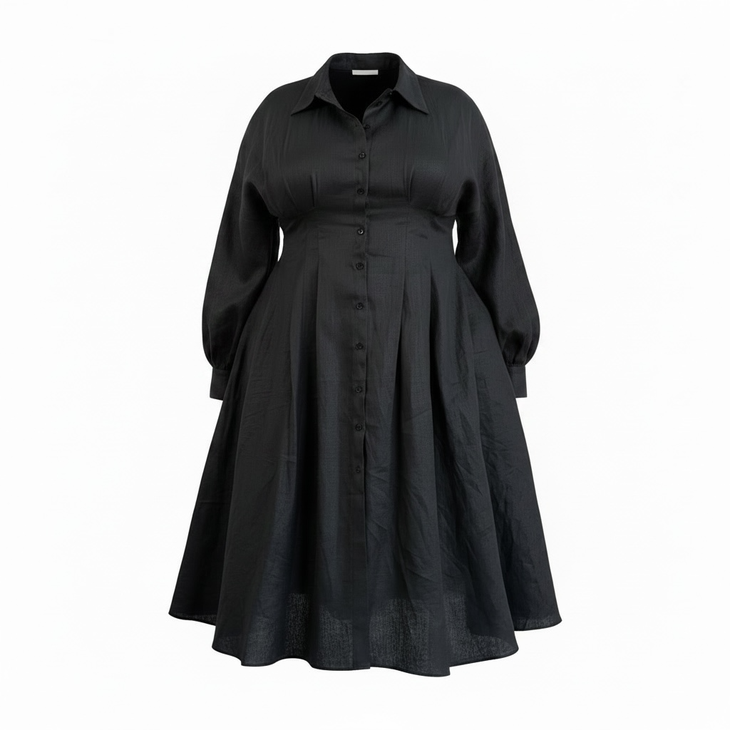 Cinched Waist Shirtdress- Black Linen