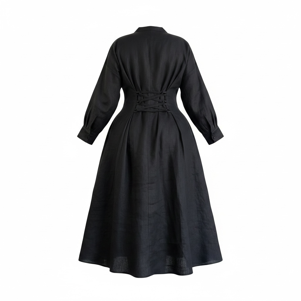 Cinched Waist Shirtdress- Black Linen