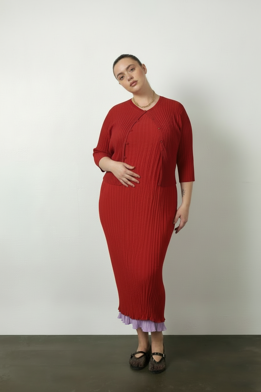 model wearing red Maya cardigan and jaya on the red side