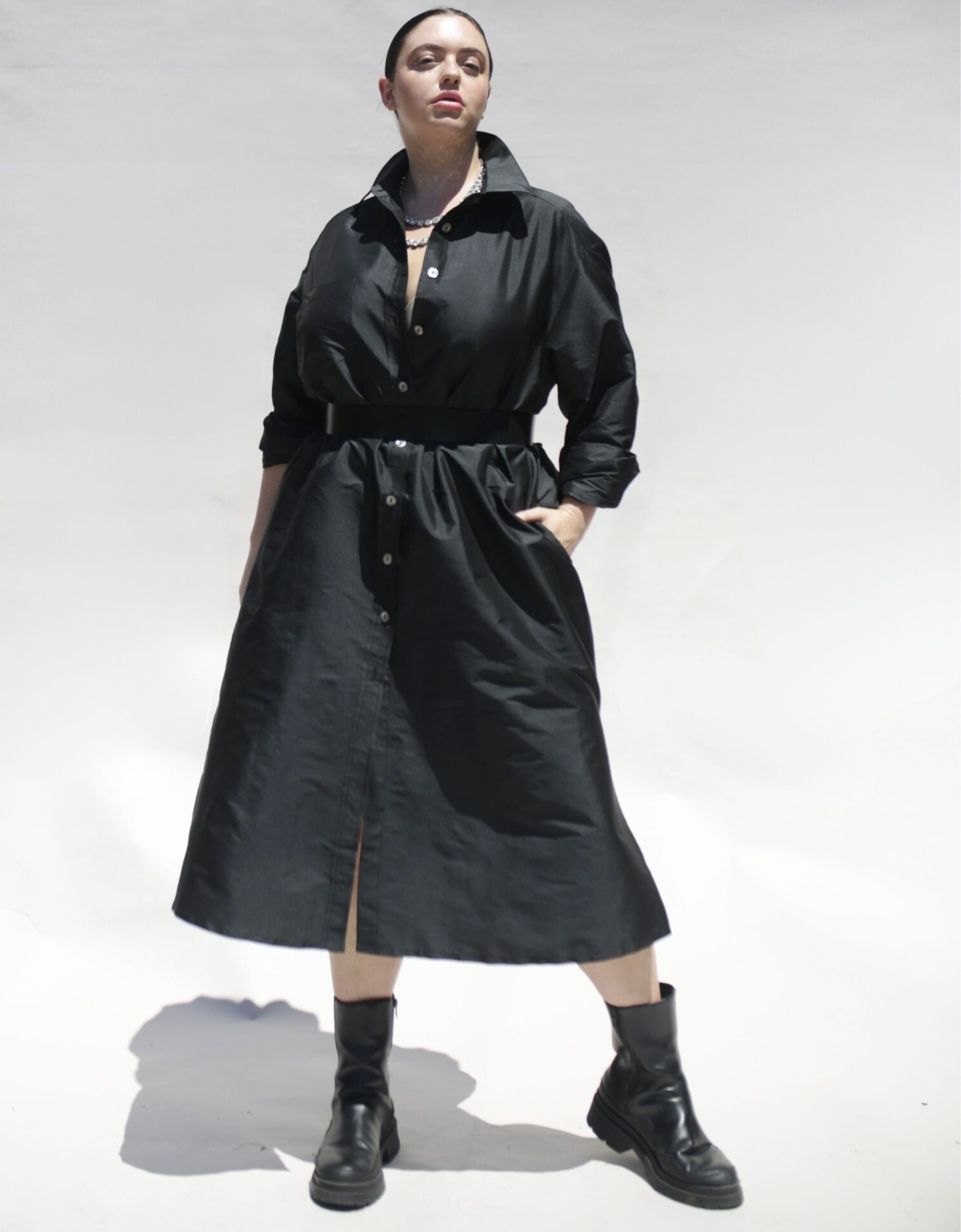 Long Dupioni Shirt Dress in Black with belt from Harness Set