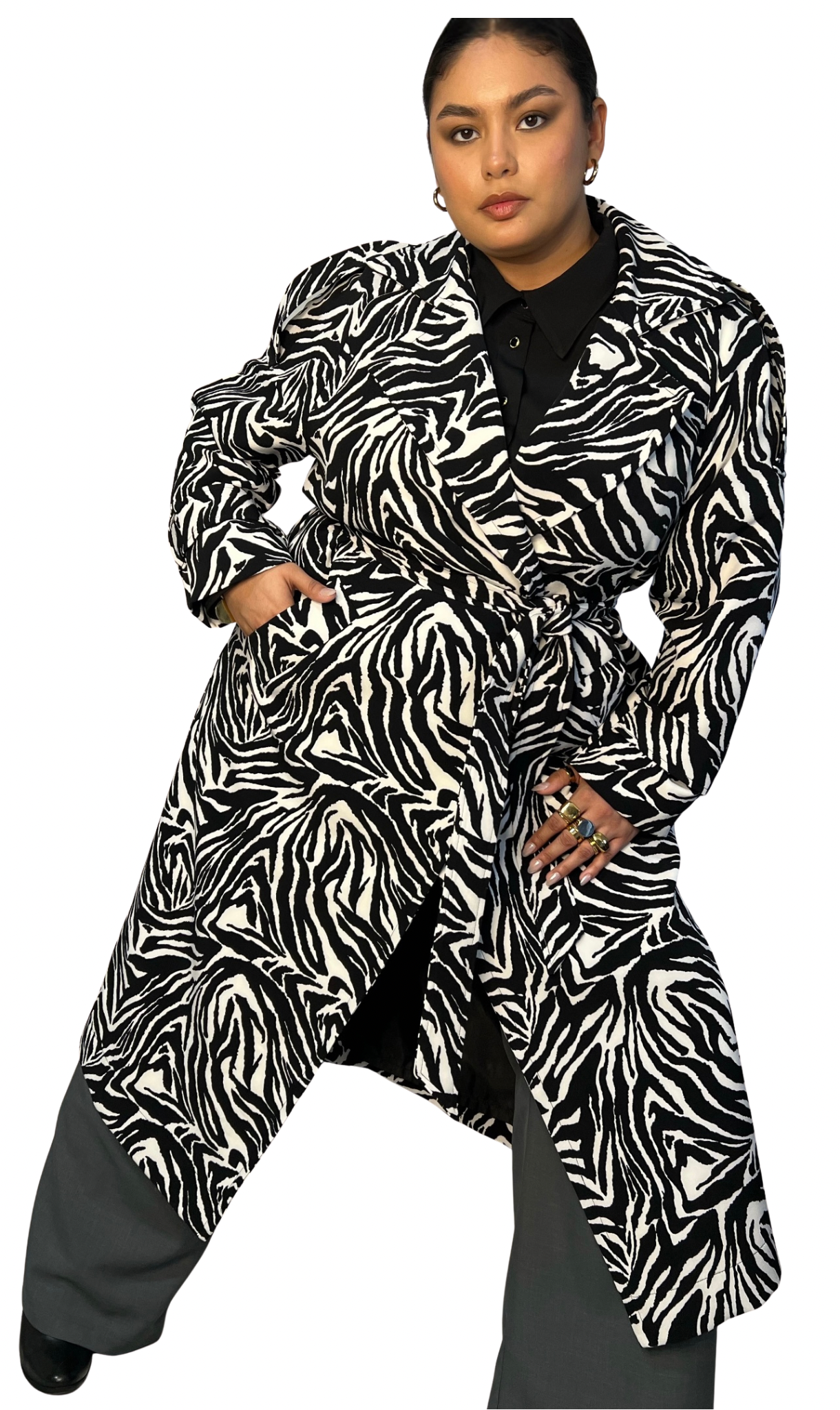 Aria Double Breasted Trench- Black White Zebra