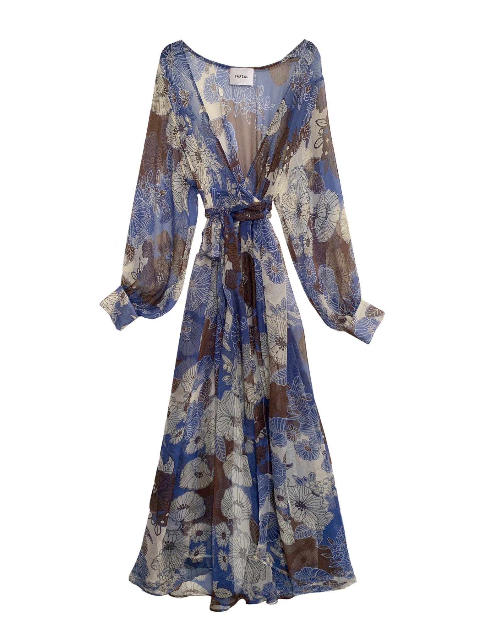 flat of blue floral wrap dress