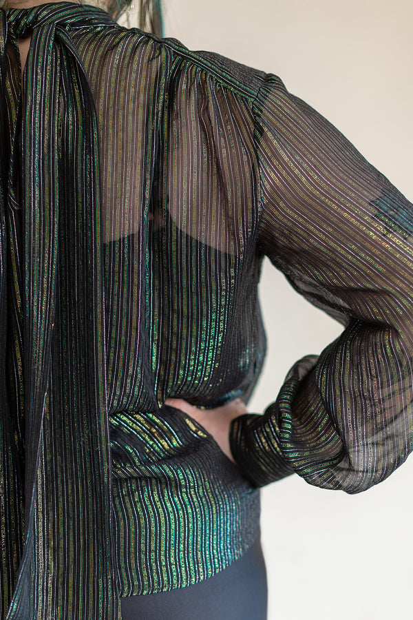 Tie Neck Blouse in Metallic Black