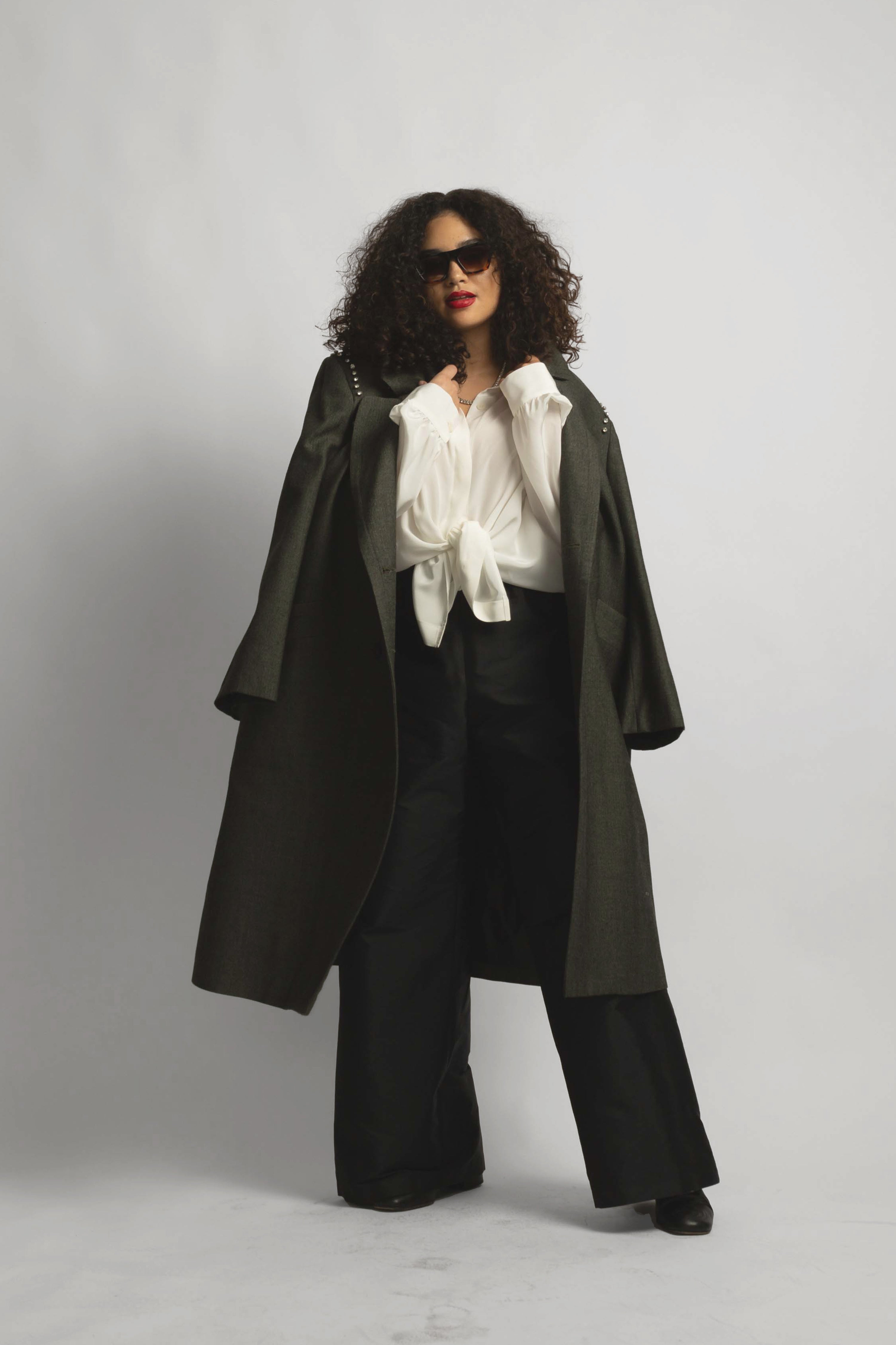 model wearing Sigourney top and coat