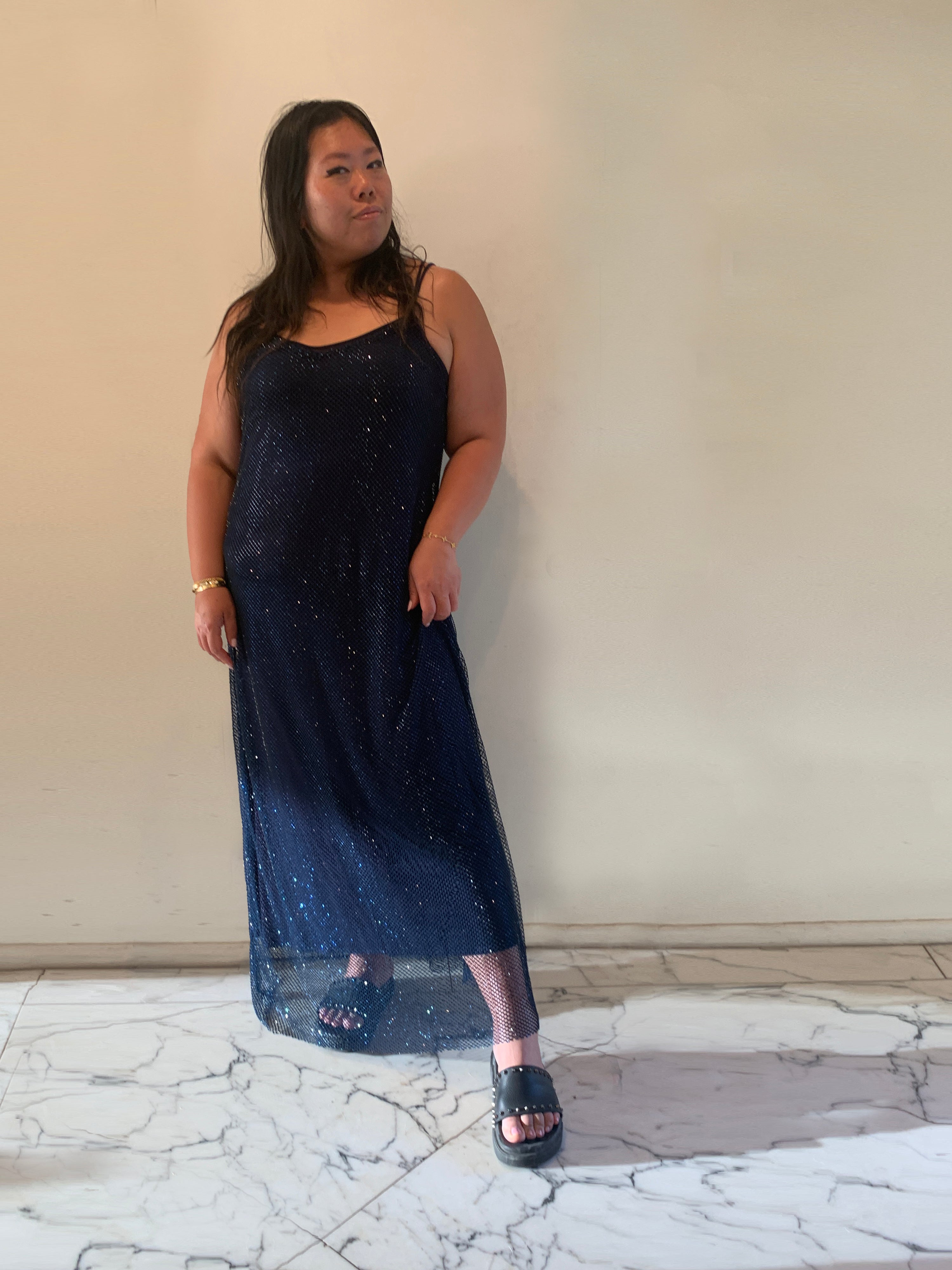 The Crystal Stone Mesh Dress- Midnight Blue