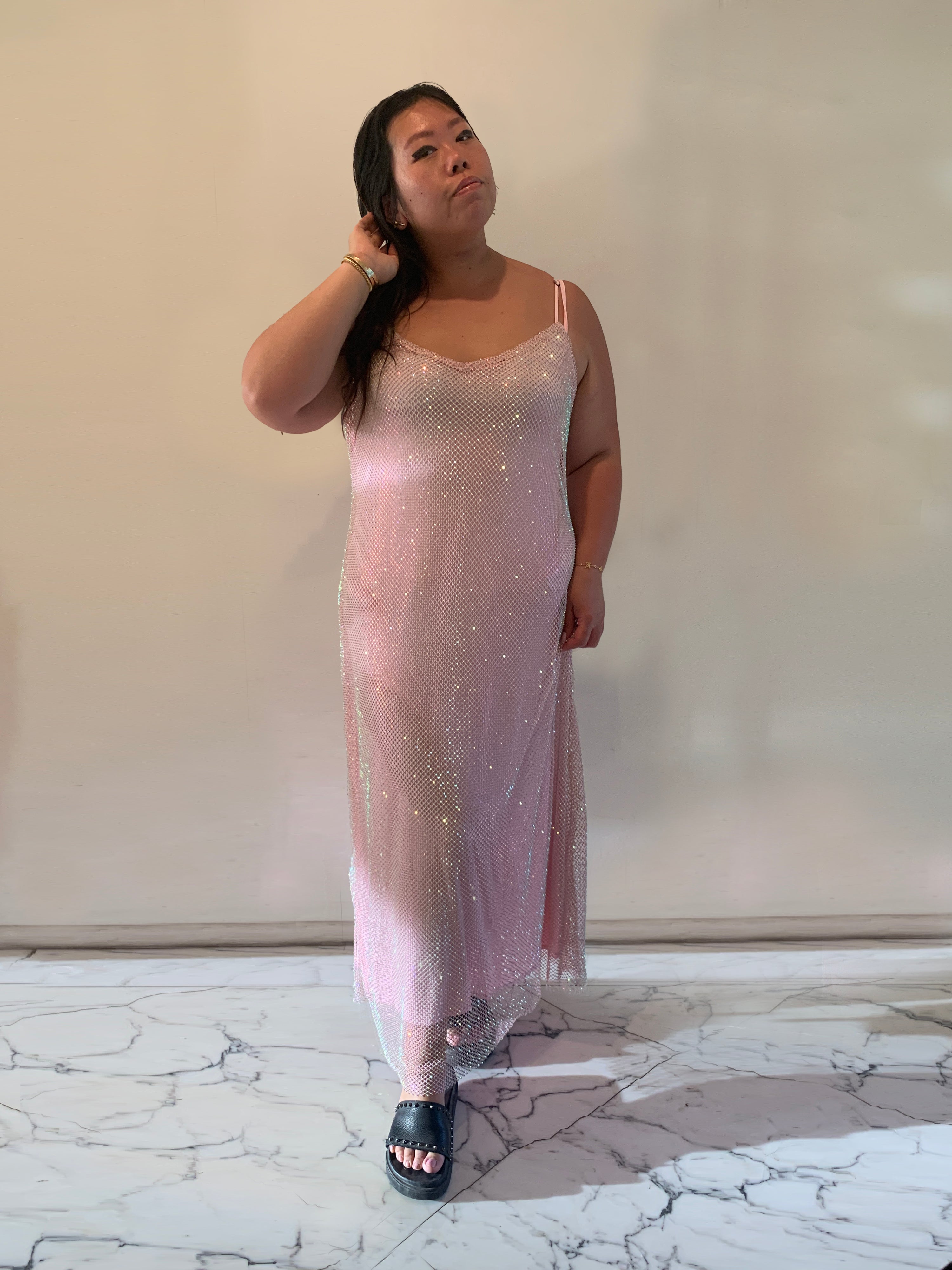 The Crystal Stone Mesh Dress- Blush Borealis