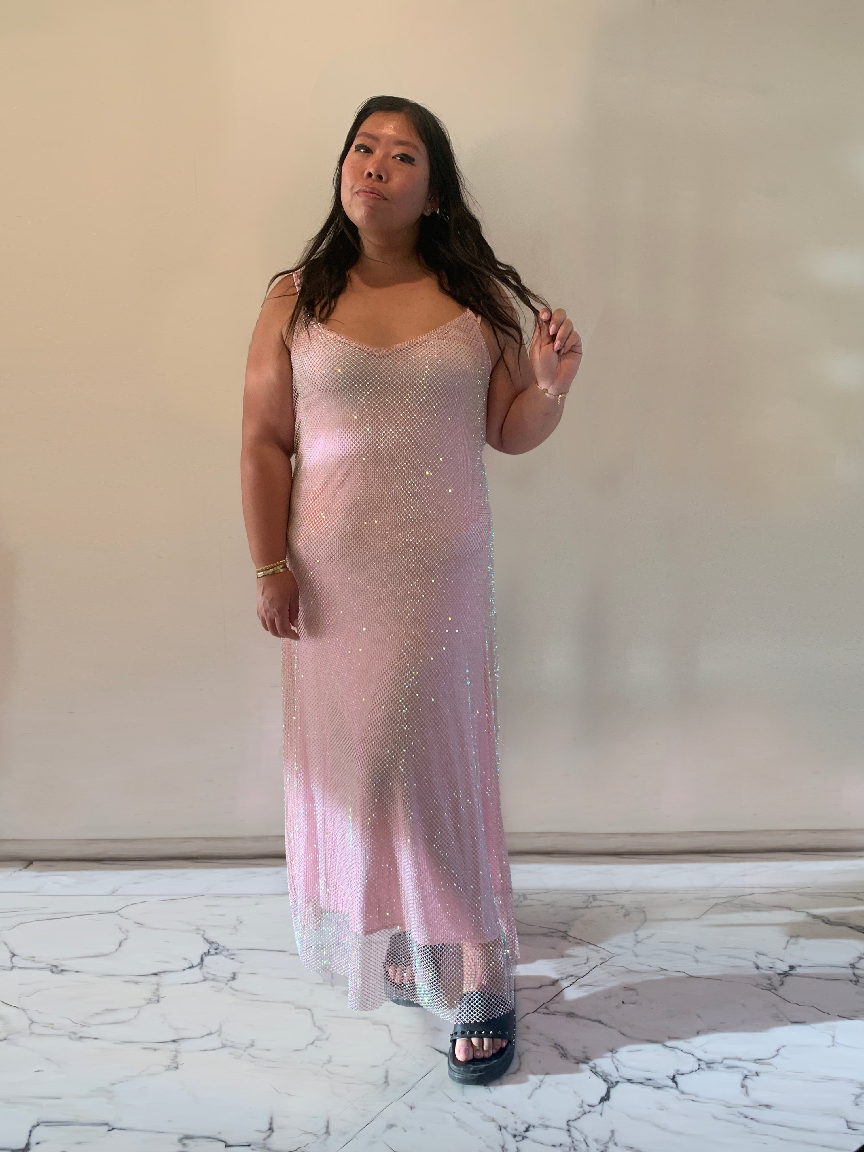 The Crystal Stone Mesh Dress- Blush Borealis