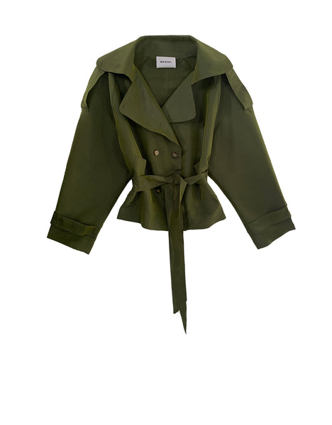 Julia Short Trench Coat- Army Dupioni – Baacal