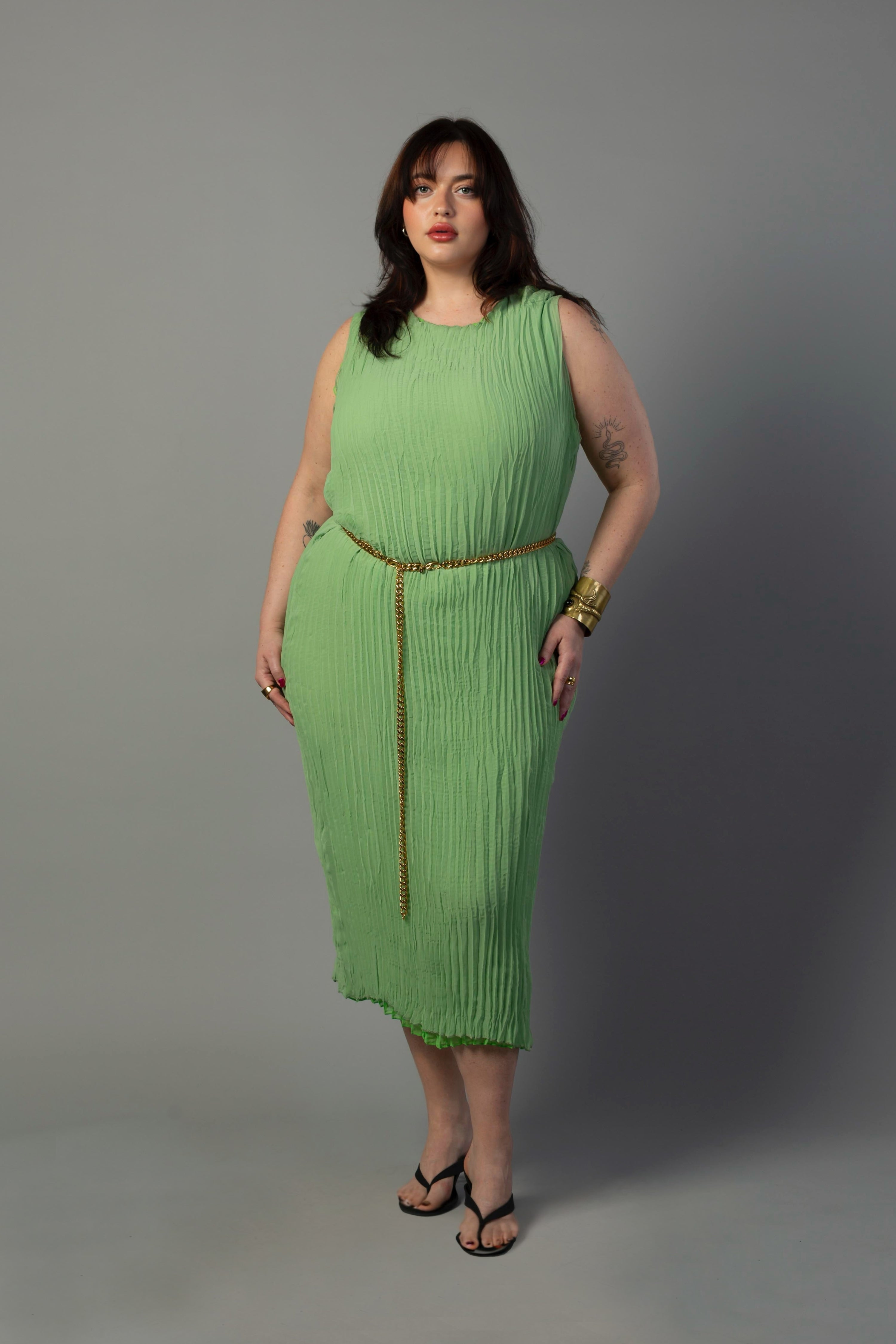 Jaya Pleated Dress- Reversible Lime/ Sage Green