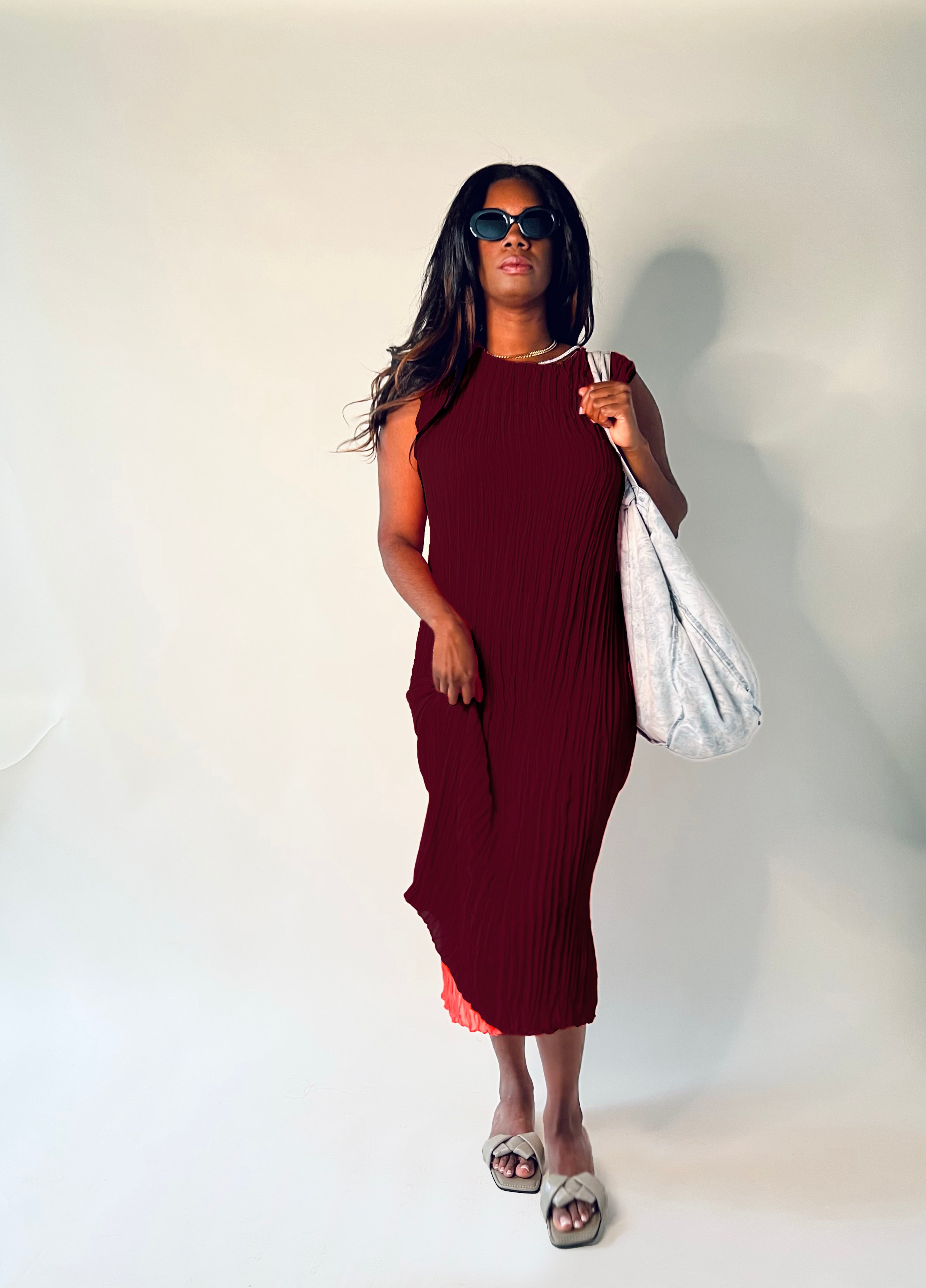 Jaya Pleated Dress- Reversible Burgundy/ Cranberry