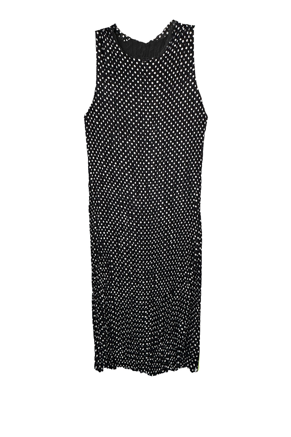 Black sleeveless dress with white polka dots on a white background