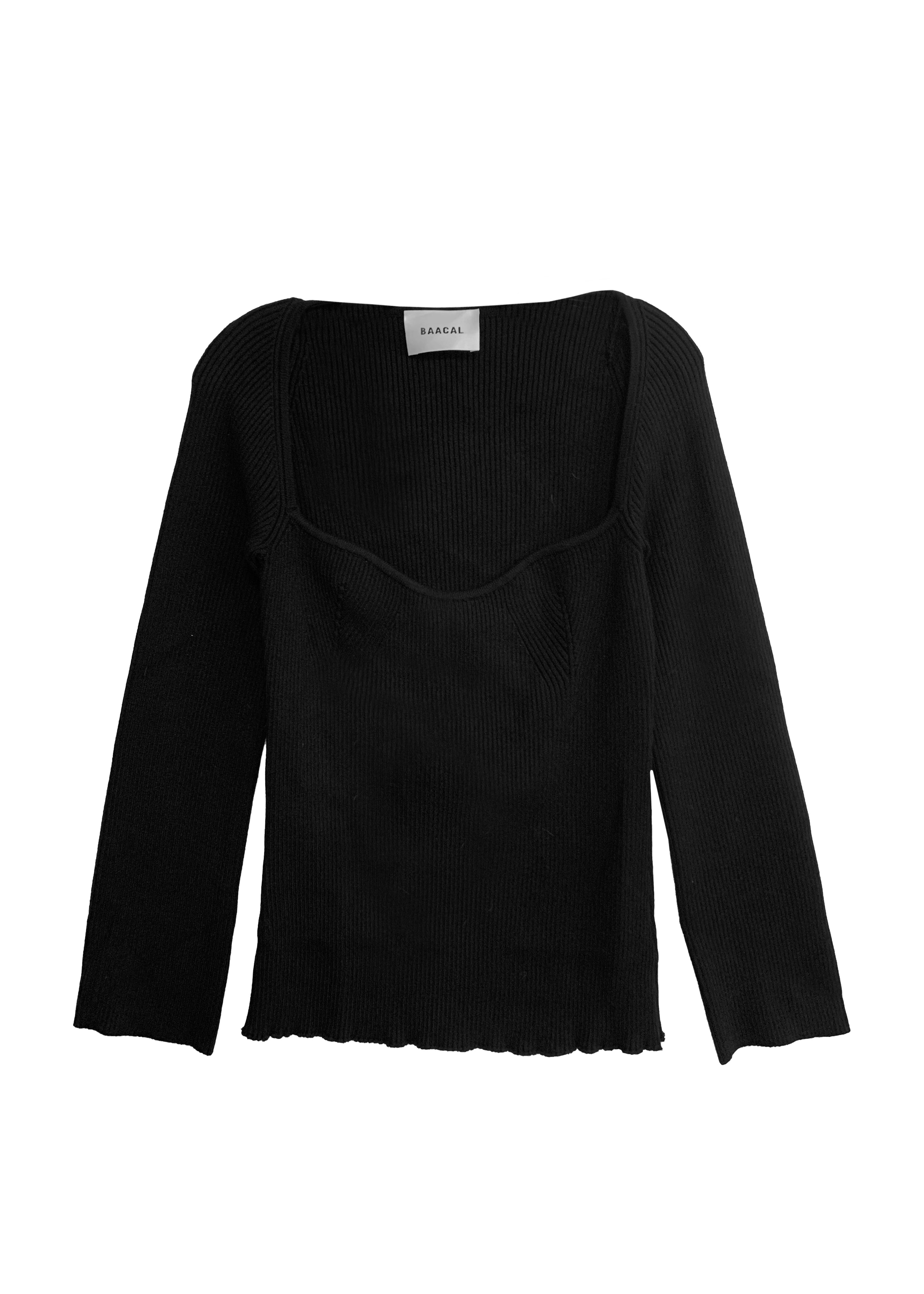 Portrait Neckline Contour Rib Knit Sweater Top- Black