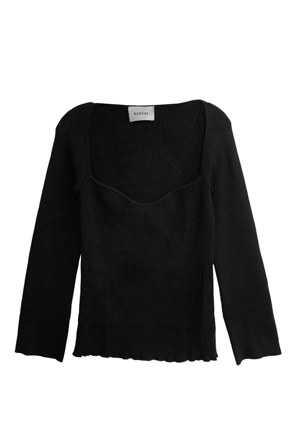 Portrait Neckline Contour Rib Knit Sweater Top- Black