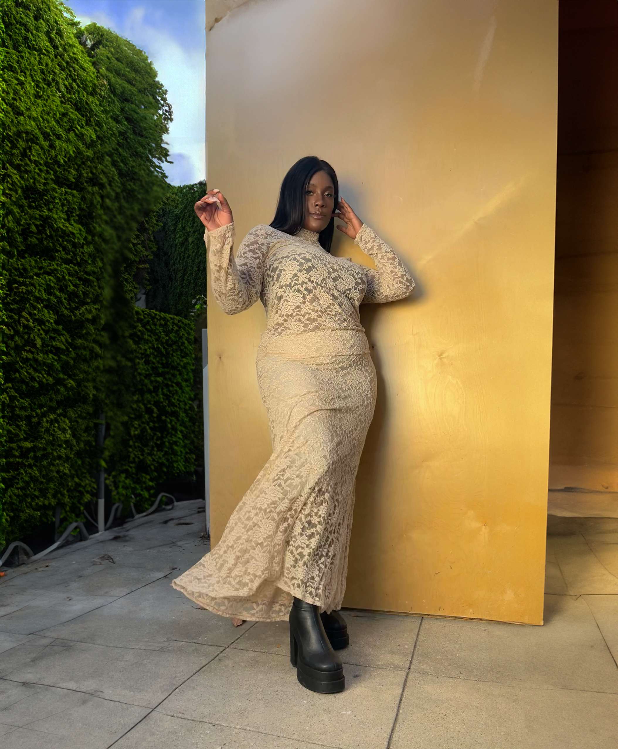Stretch Lace Turtleneck & Skirt Set - Cream Baacal Stretch Lace Turtleneck & Skirt Set - Cream Baacal