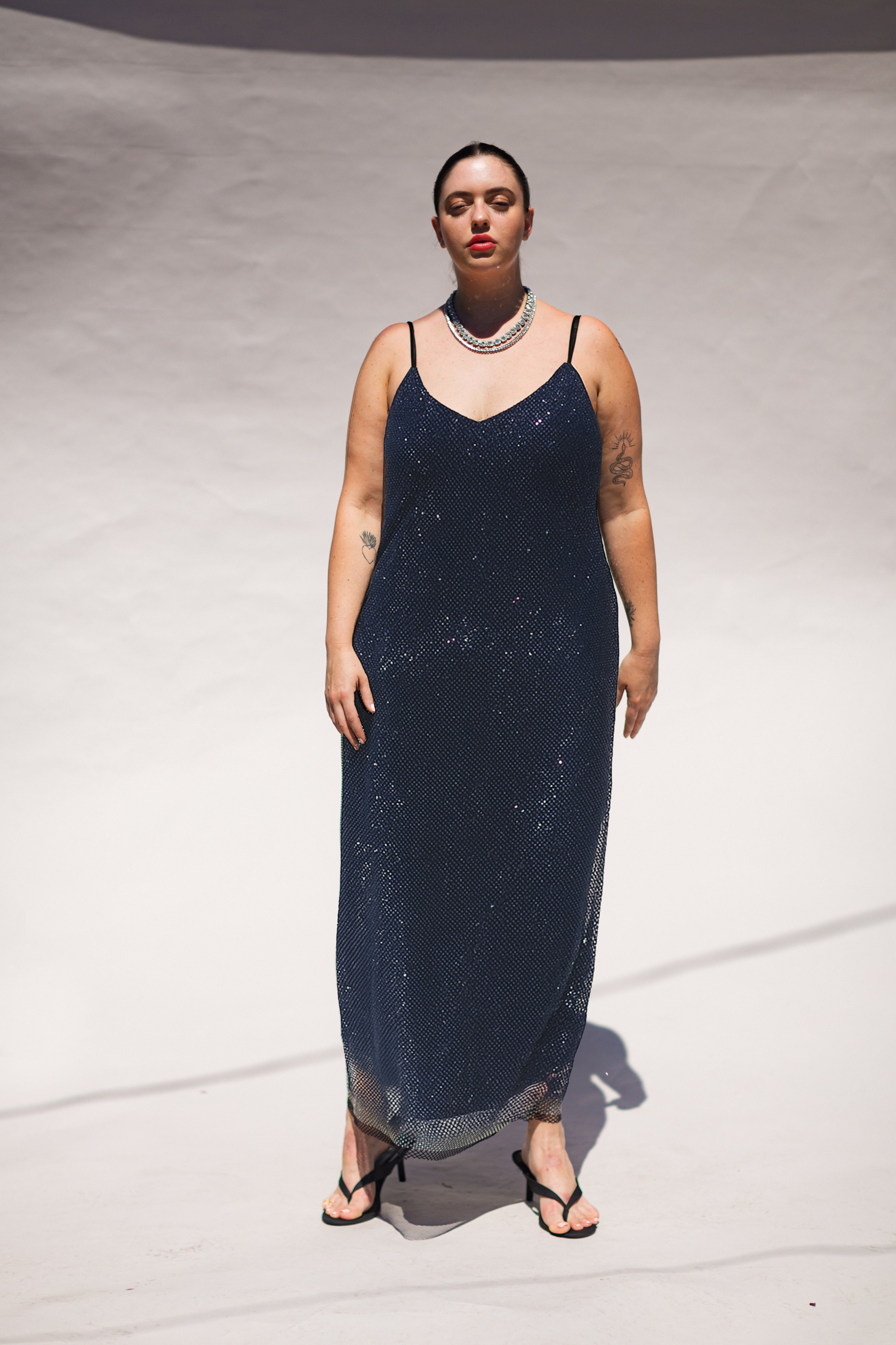 The Crystal Stone Mesh Dress- Midnight Blue