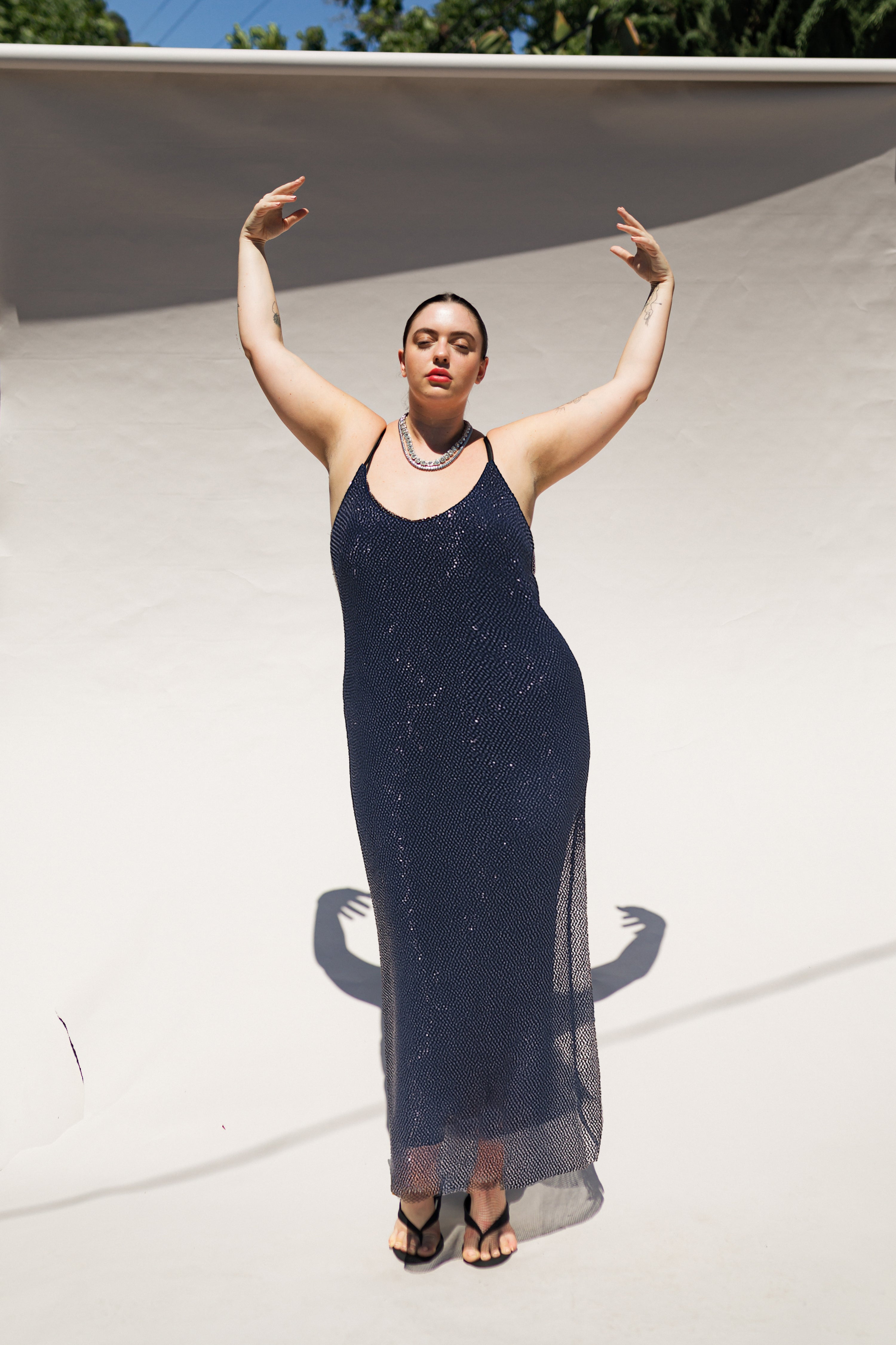 The Crystal Stone Mesh Dress- Midnight Blue