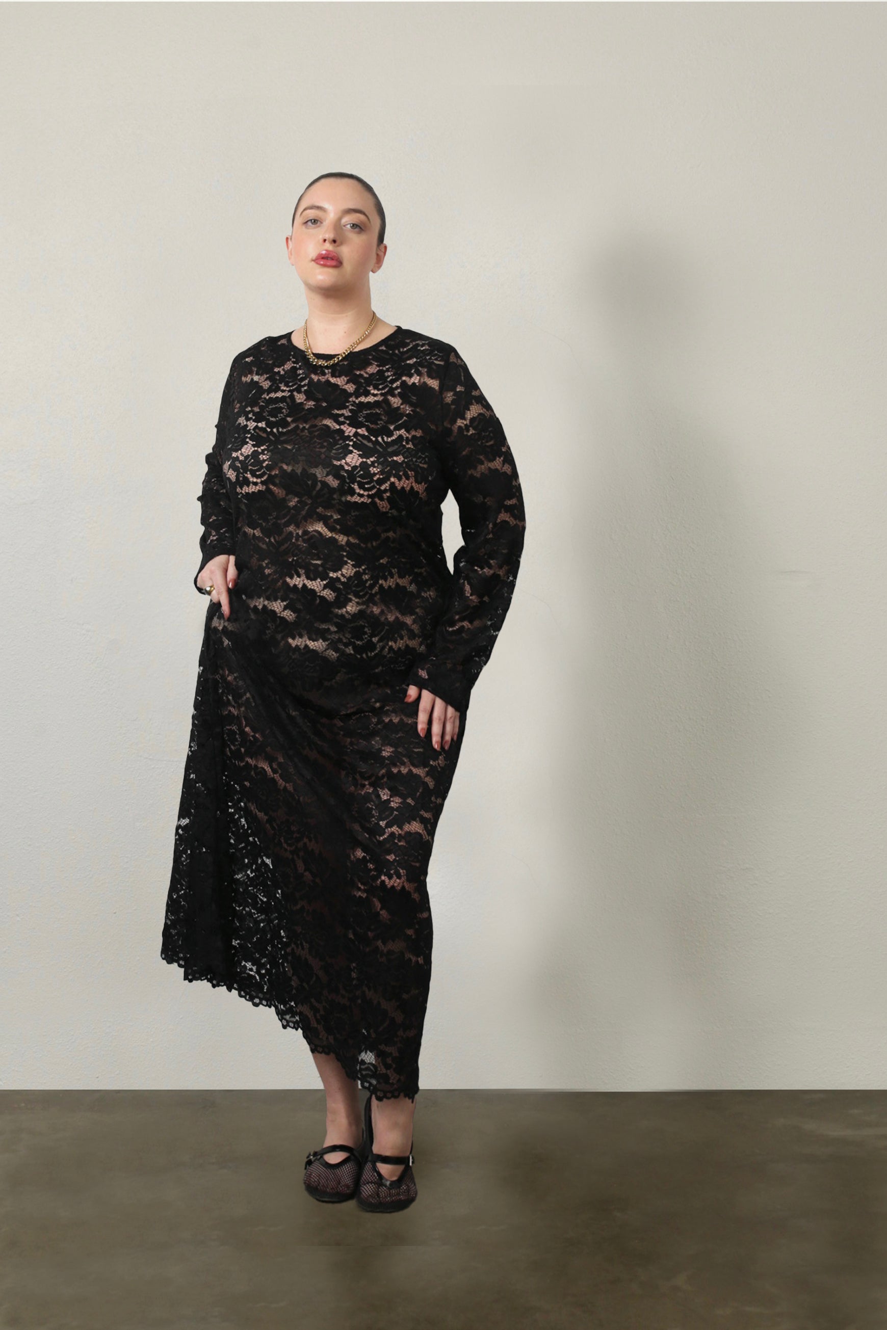 model wearing novak lace dress